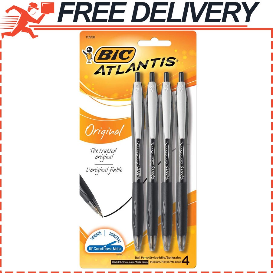 BIC Atlantis Original Retractable Ball Pen, Medium Point 1.0mm, Black, 4-Count