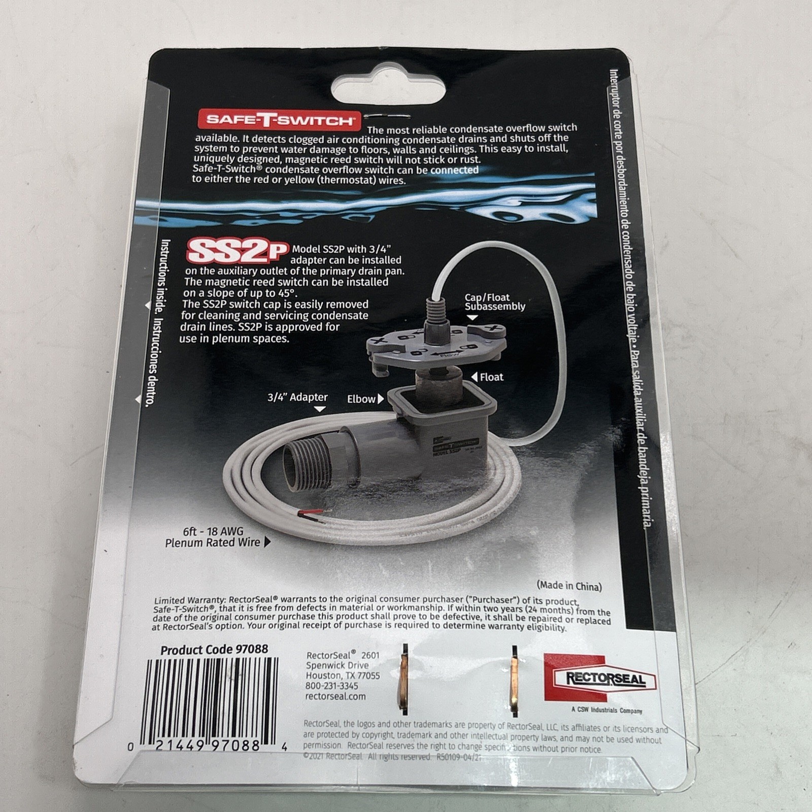 Safe-T-Switch SS2P Plenum Rated Overflow Shut Off Switch – Rectorseal 97088