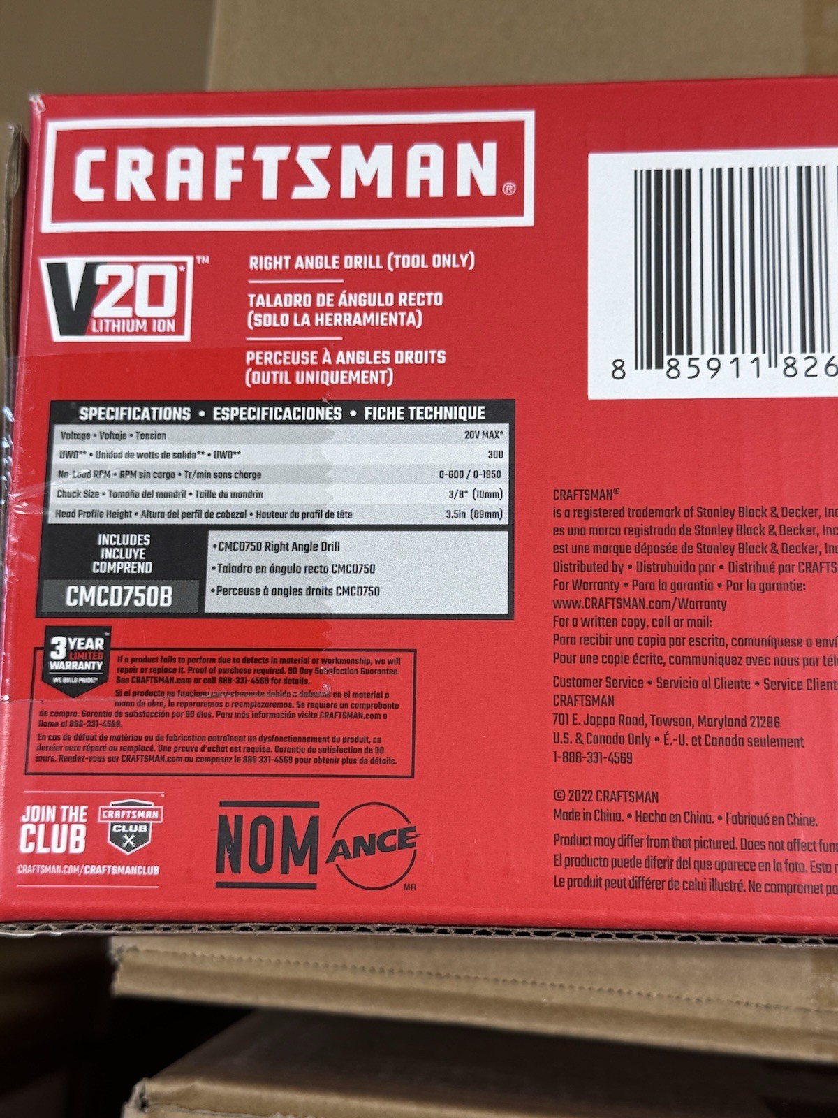 Craftsman V20 Cordless 3/8-Inch Right Angle Drill (Tool Only) CMCD750B – New