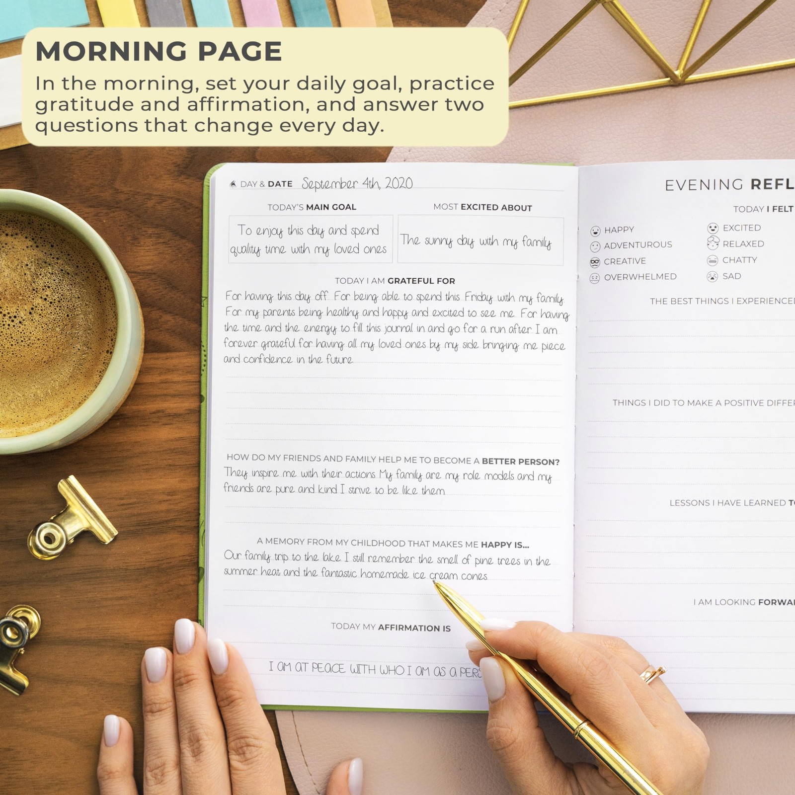 A5 Guided Gratitude Journal Spring Green Daily Reflection with Stickers 3 Months