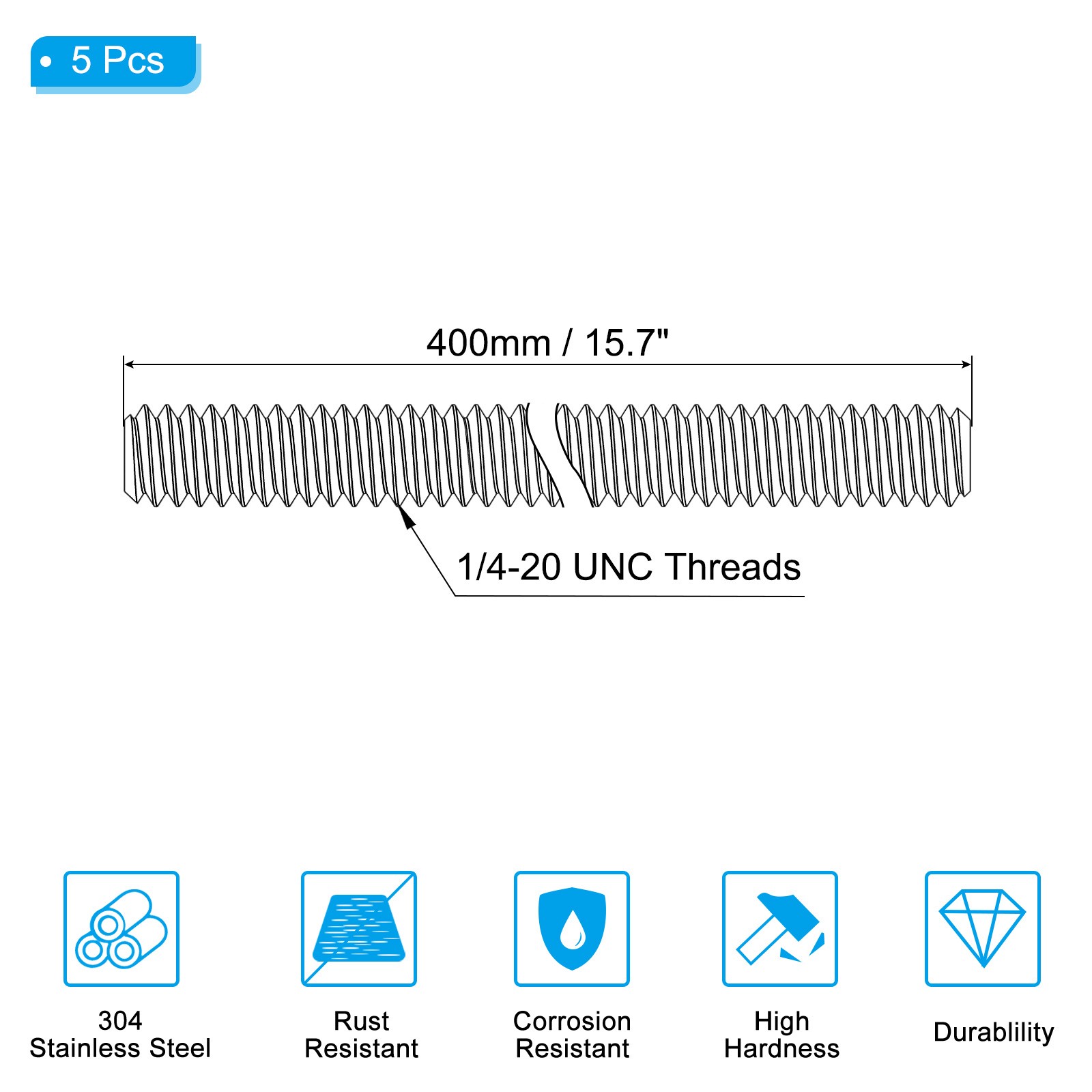 5Pcs 1/4″-20 Fully Threaded Rod 15.7″ Length 304 Stainless Steel Thread Screw