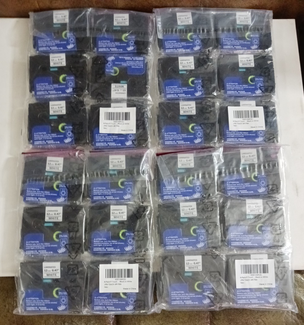 Laminated label tape 12mm 0.47″ white 231 black ink cartridge. Lot of 24 P-touch