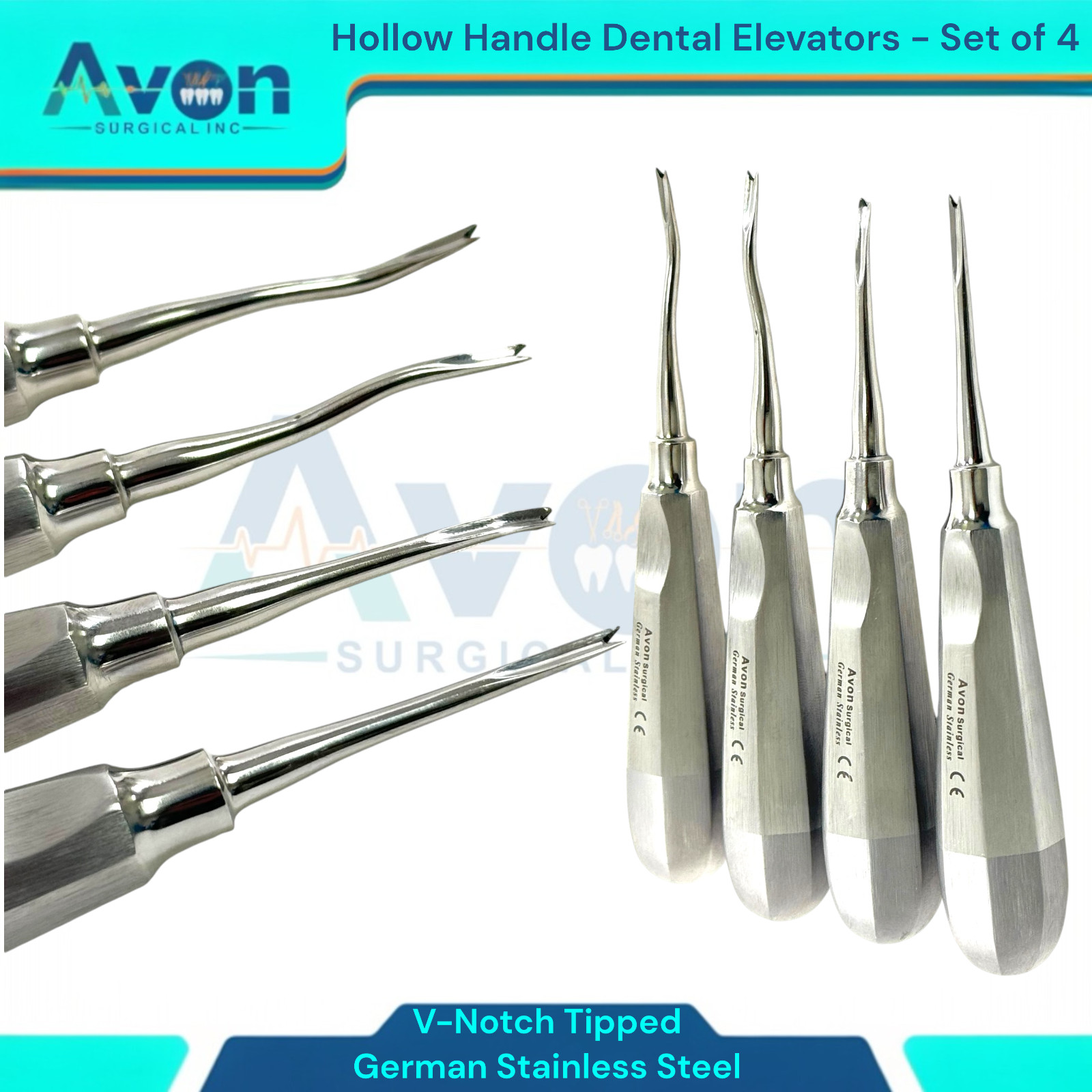 4 Pack – V-Notched Grooved Dental Elevator, Hollow Handle, German Steel – Apical