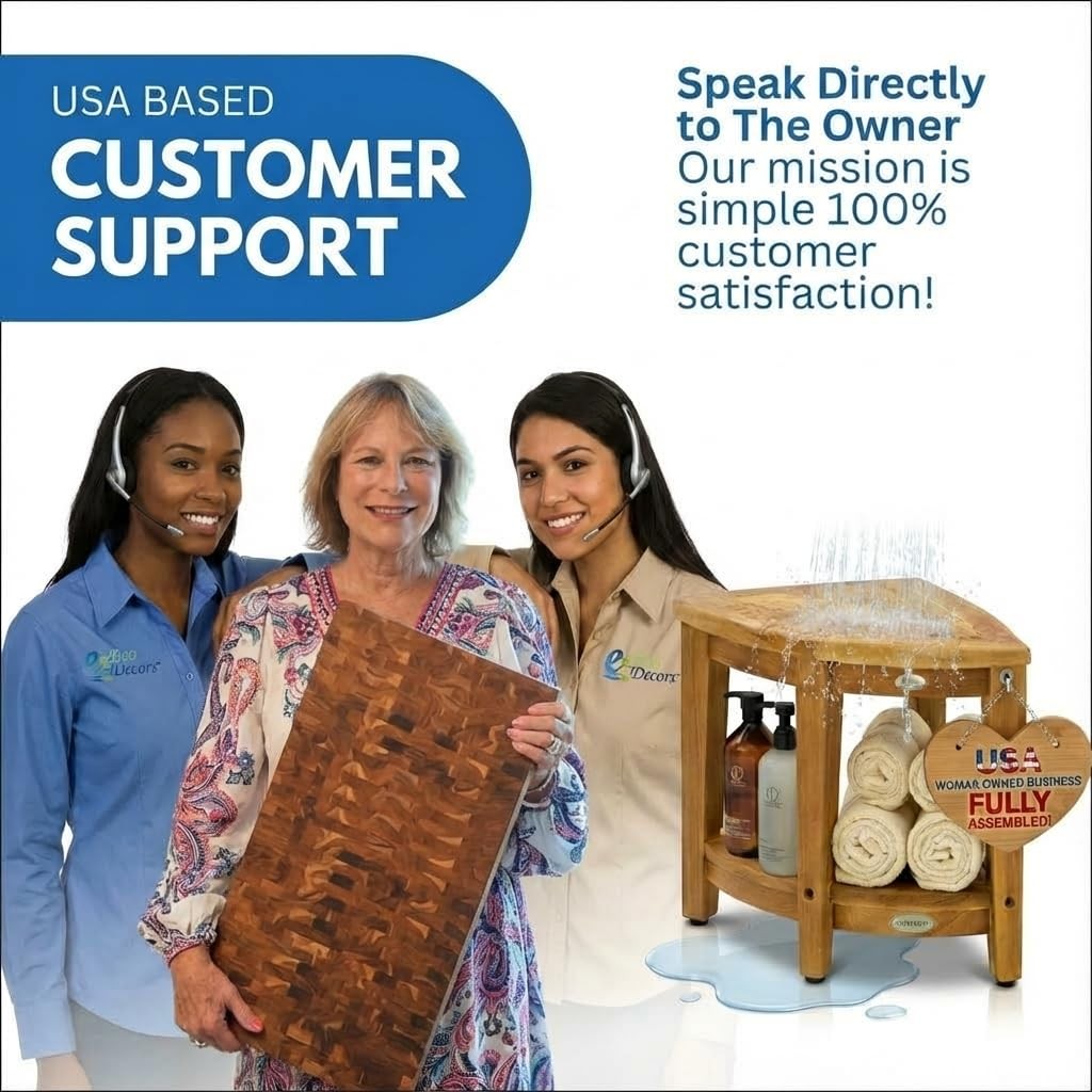 EcoDecors ED974 Corner Teak Shower Bench with Shelf 350 lb Capacity Tool-Free