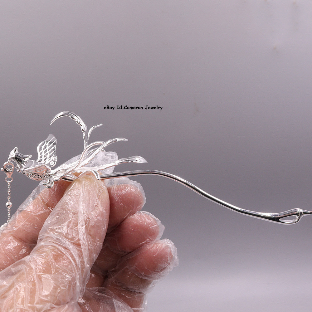 Pure S999 Fine Silver Hairpin Daily Carved Phoenix Hair Stick 24-25g 5inch