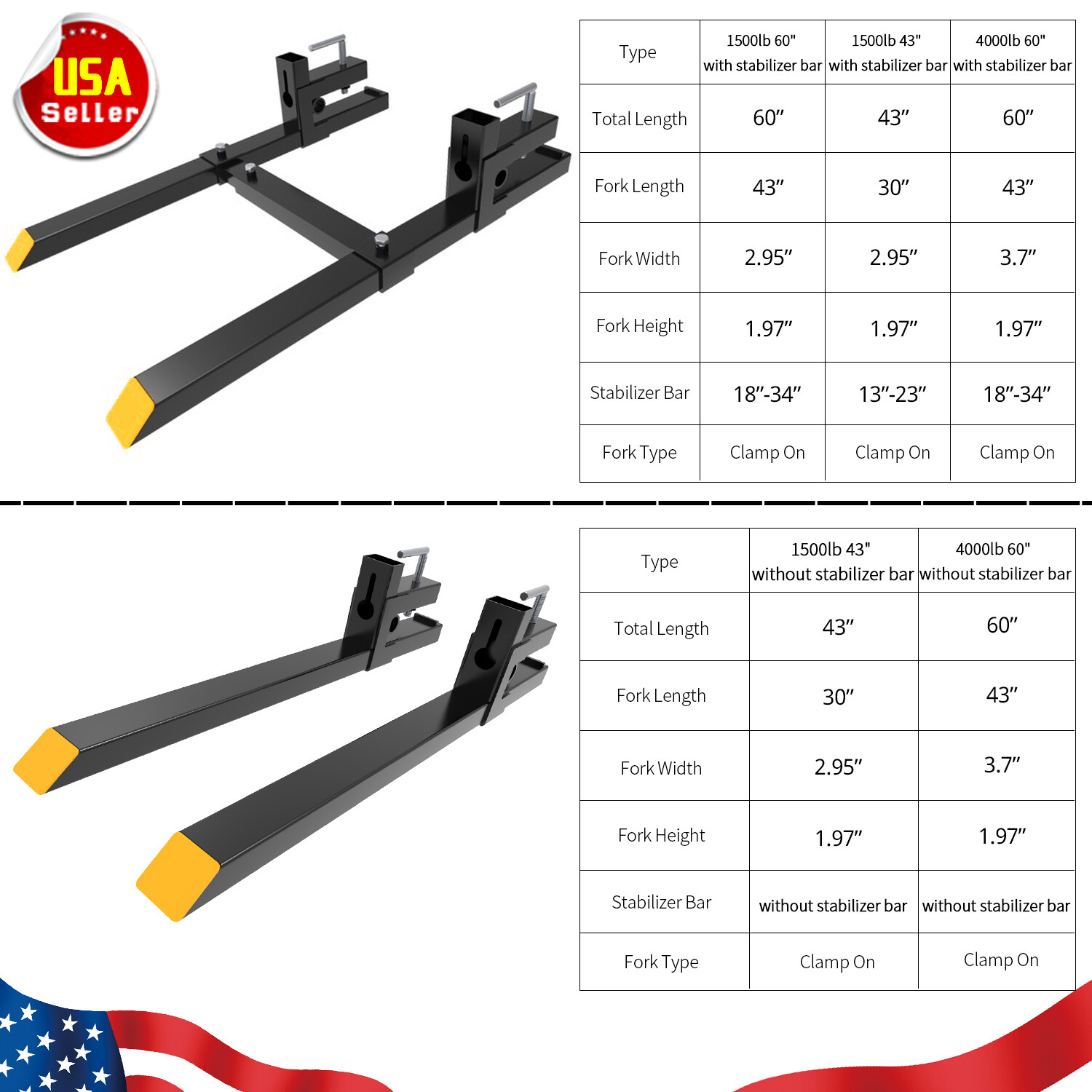 1500lb/4000lb Tractor Pallet Forks Bucket Skidsteer Loader Clamp 43″/60″ Fork