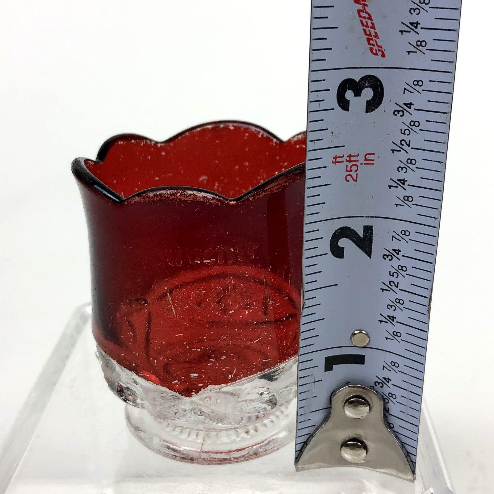 VTG Souvenir Battle Creek MI Flashed Cranberry Glass Toothpick Holder Scalloped