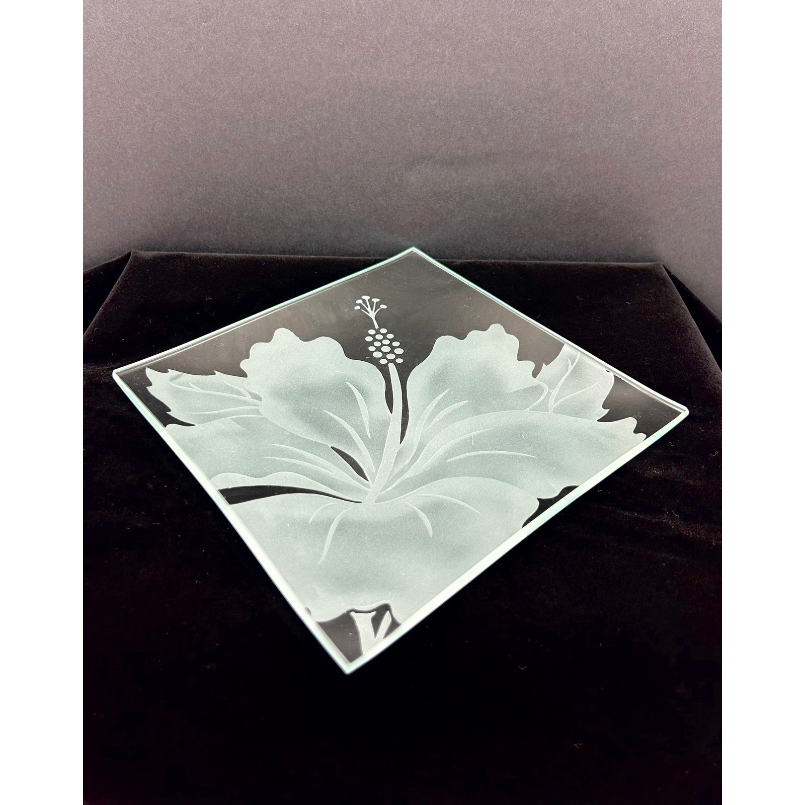 Frosted Glass Hibiscus Flower Square Decorative Tray Etched Clear Glass 7.75in