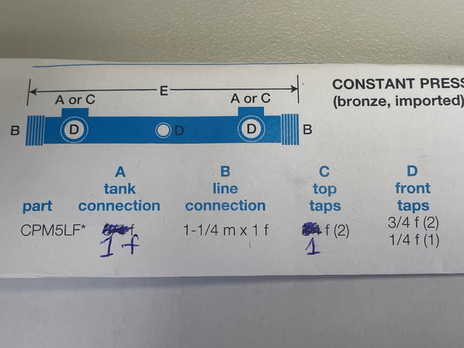 Campbell Brass Manifold Constant Pressure CPM5-4YBLF 1-1/4″ x 1″ Tank Connection