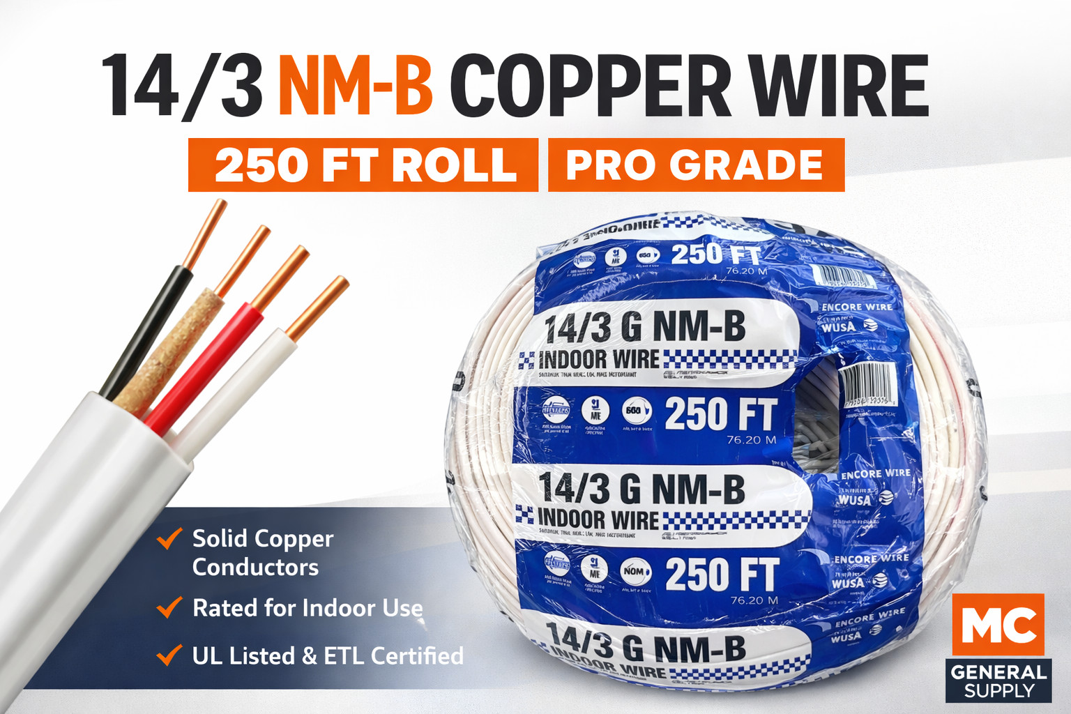 14/3 copper wire 250ft roll, different brands and colors for electricians
