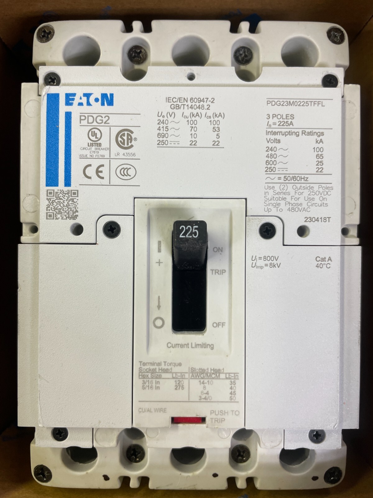 Eaton 3-pole 225a PDG223M0225TFFL New Open Box “take Outs”