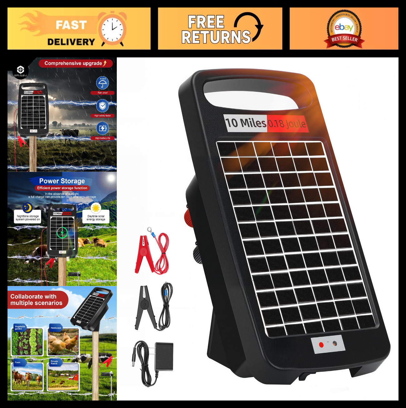 Solar Powered Electric Fence Charger 10 Miles – 0.18J, Portable Energizer for Li