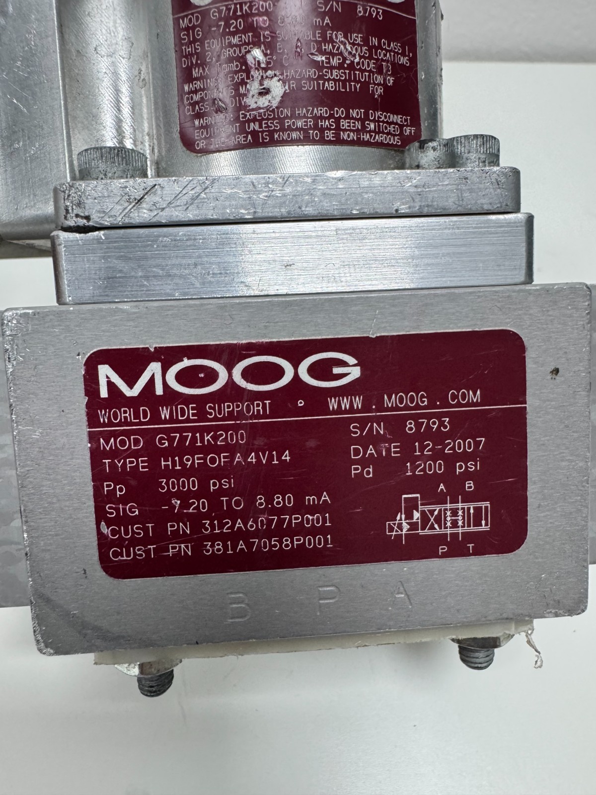 MOOG G771K200 Servo Hydraulic Valve H19F0FA4V14 3000 PSI
