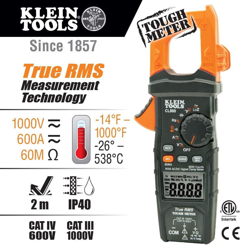 CL800 Digital Clamp Meter, Auto Ranging TRMS, AC/DC Volt/Current, LOZ, Continuit