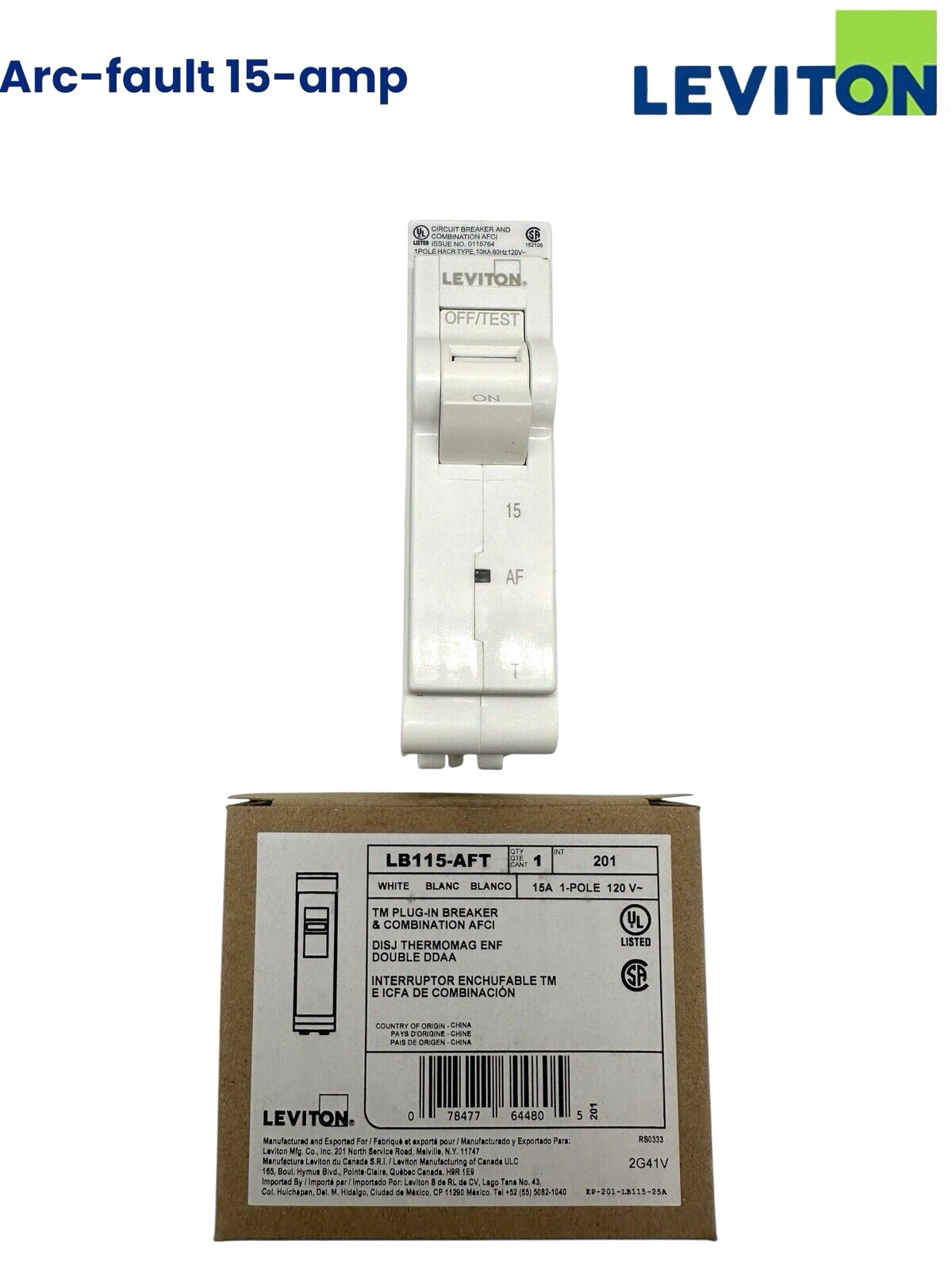 Leviton 15A 1-pole 120v AfCI Circuit breaker LB115-AFT -arc-fault -NEW IN BOX