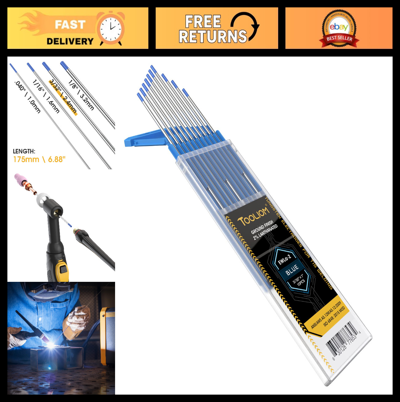 Tig Welding Electrodes 2% Lanthanated 3/32” x 7” – 10-Pack for Precision Welding