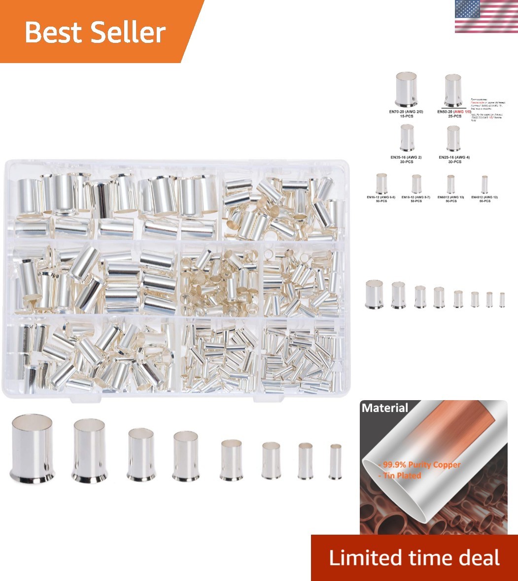 300Pcs 12 10 8 6 4 2 1/0 2/0 Wire Ferrule Tinned Copper Crimp Connector Electric