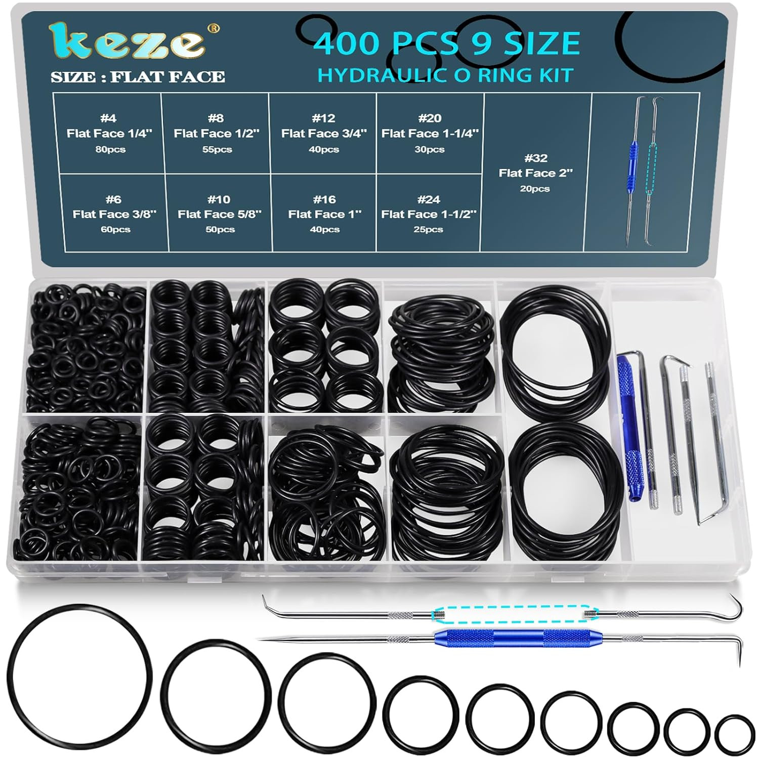 400 PCS Hydraulic O Ring Kit Buna N 70A ORFS Flat Face Fittings Seal Set 9 Sizes
