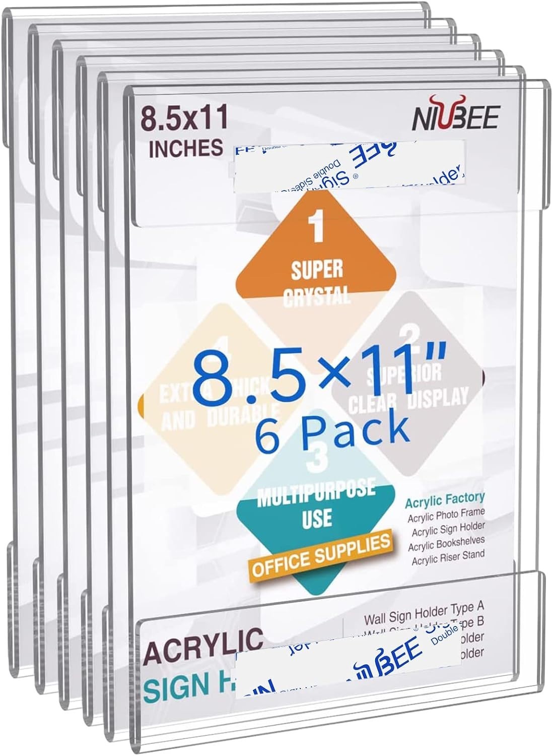 8.5 X 11 Acrylic Sign Holder Wall Mount Clear Frame 6 Pack | With Adhesive