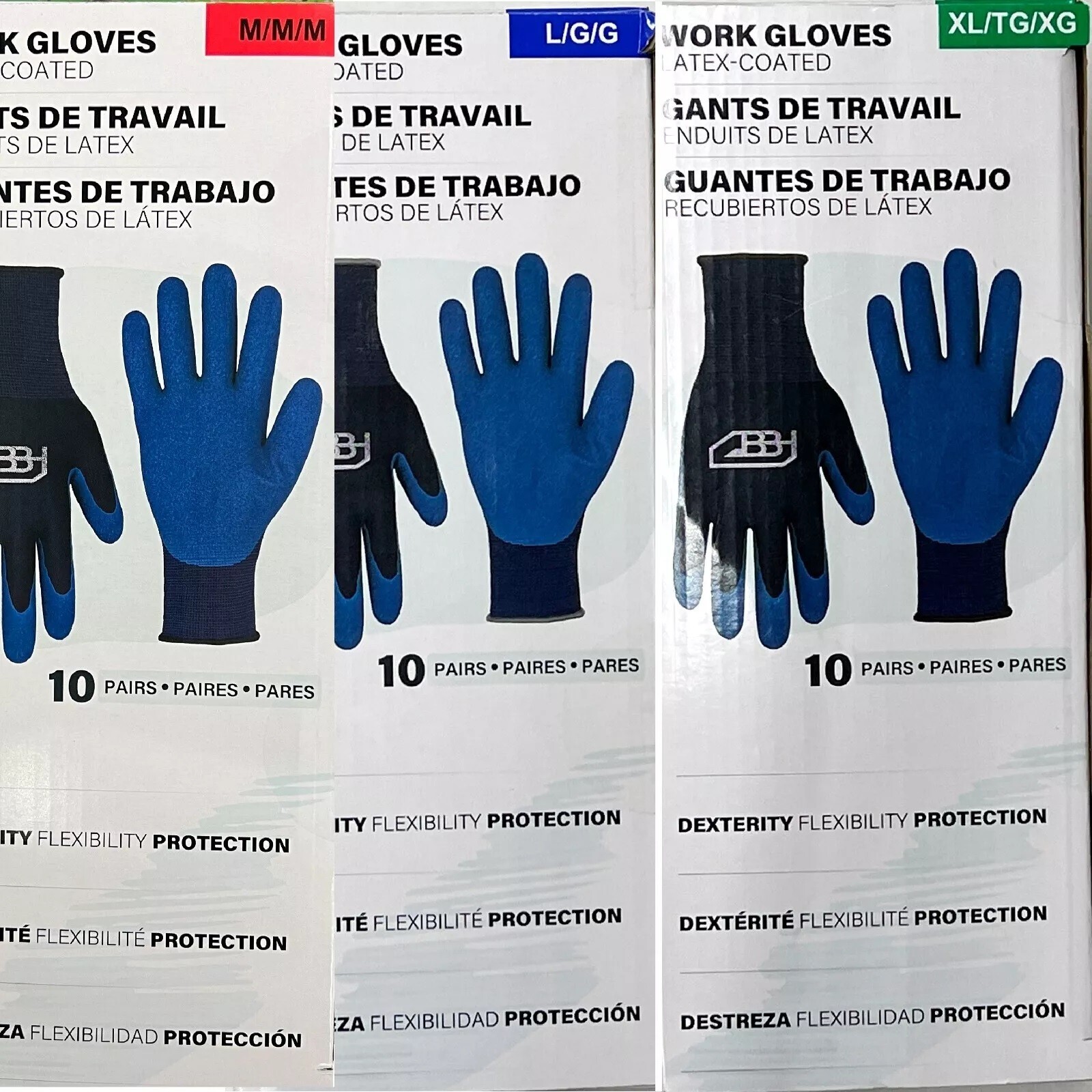 BBH Spring Work Gloves Latex Coated Multicolor 10 Pairs, size M; L or XL