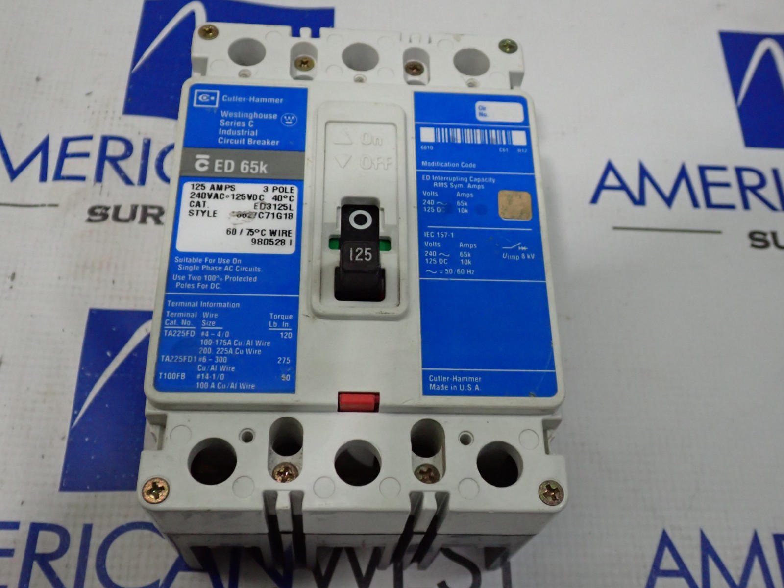 Cutler Hammer Westinghouse ED3125L 125 Amp 240V 3 Pole ED 65K Circuit Breaker