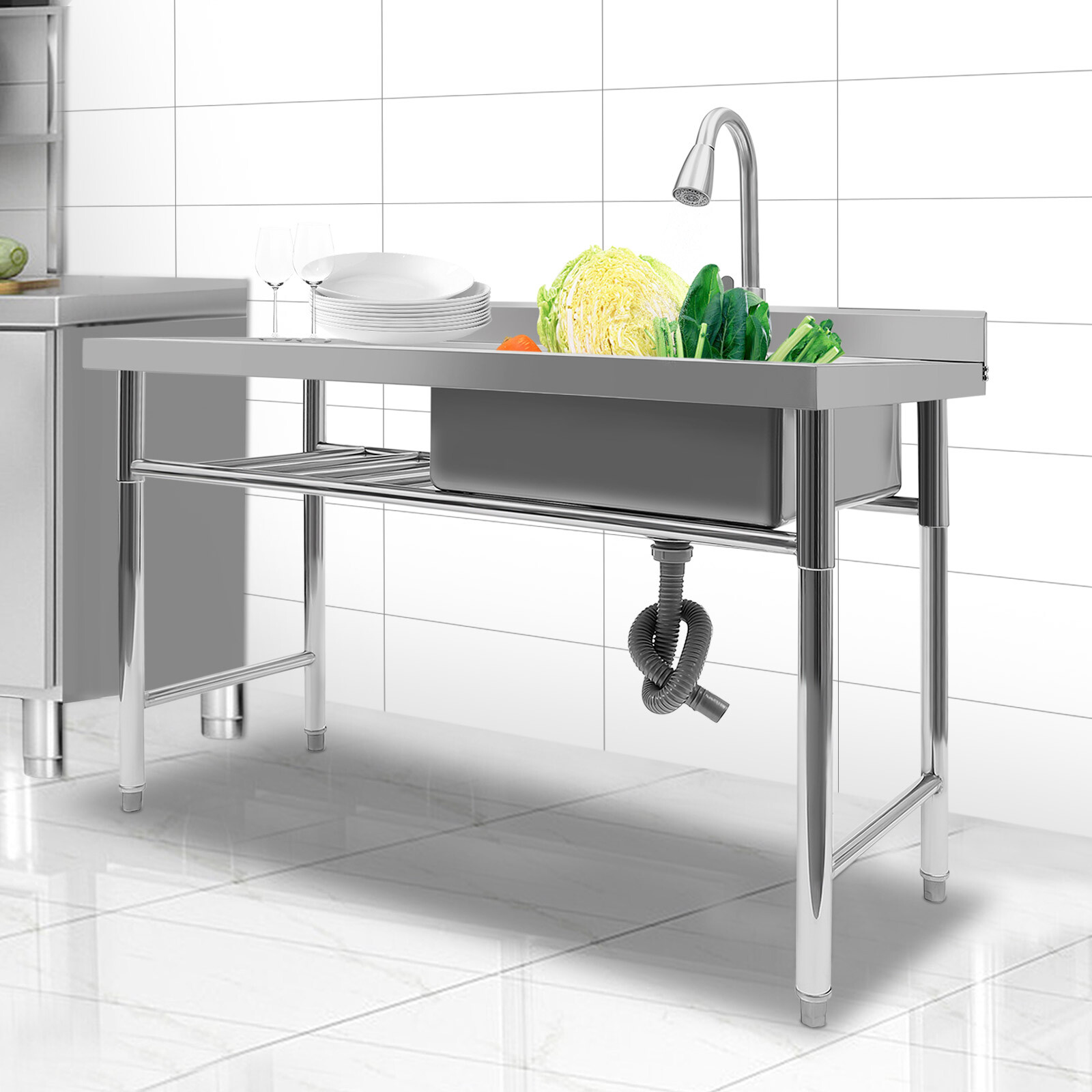 1 Compartment Kitchen Sink Prep Table With 360°Faucet Commercial Stainless Steel