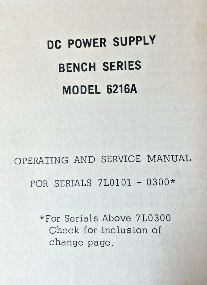 HP 06216-90001 DC Power Supply Bench Series Model 6216A Operating/Service Manual