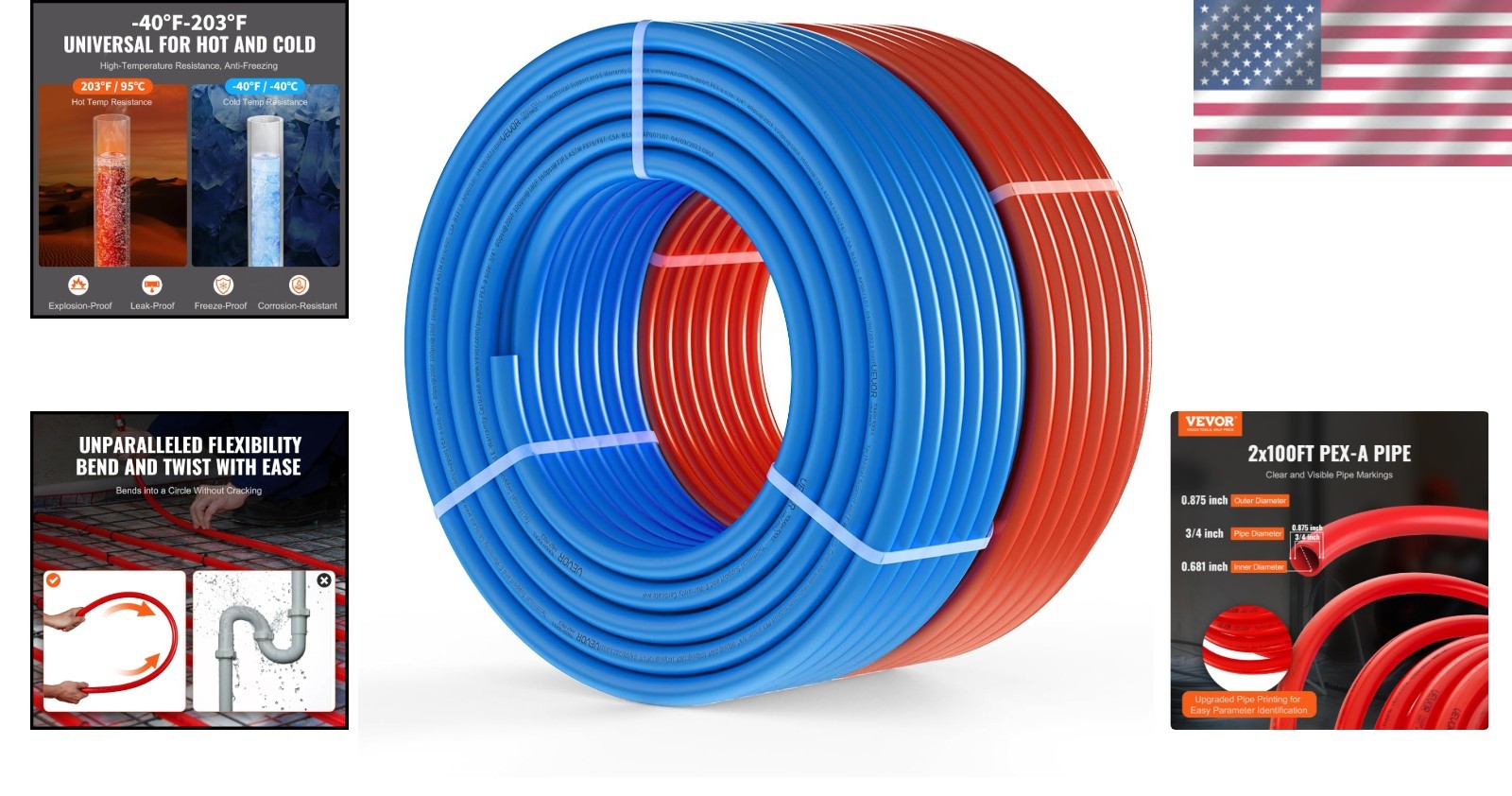 Blue & Red PEX-A Pipe 3/4″, 200ft with Free Cutter Included