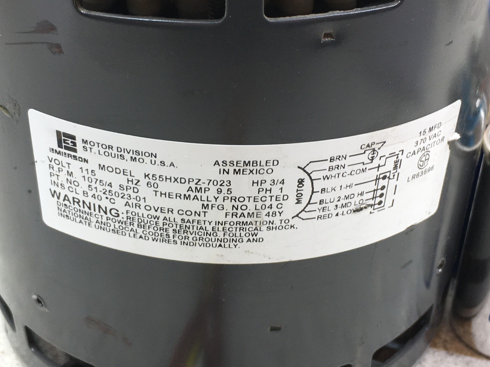 EMERSON K55HXDPZ-7023 Blower Motor 3/4HP 115V 1075RPM 4SPD 51-25023-01 #CMP190