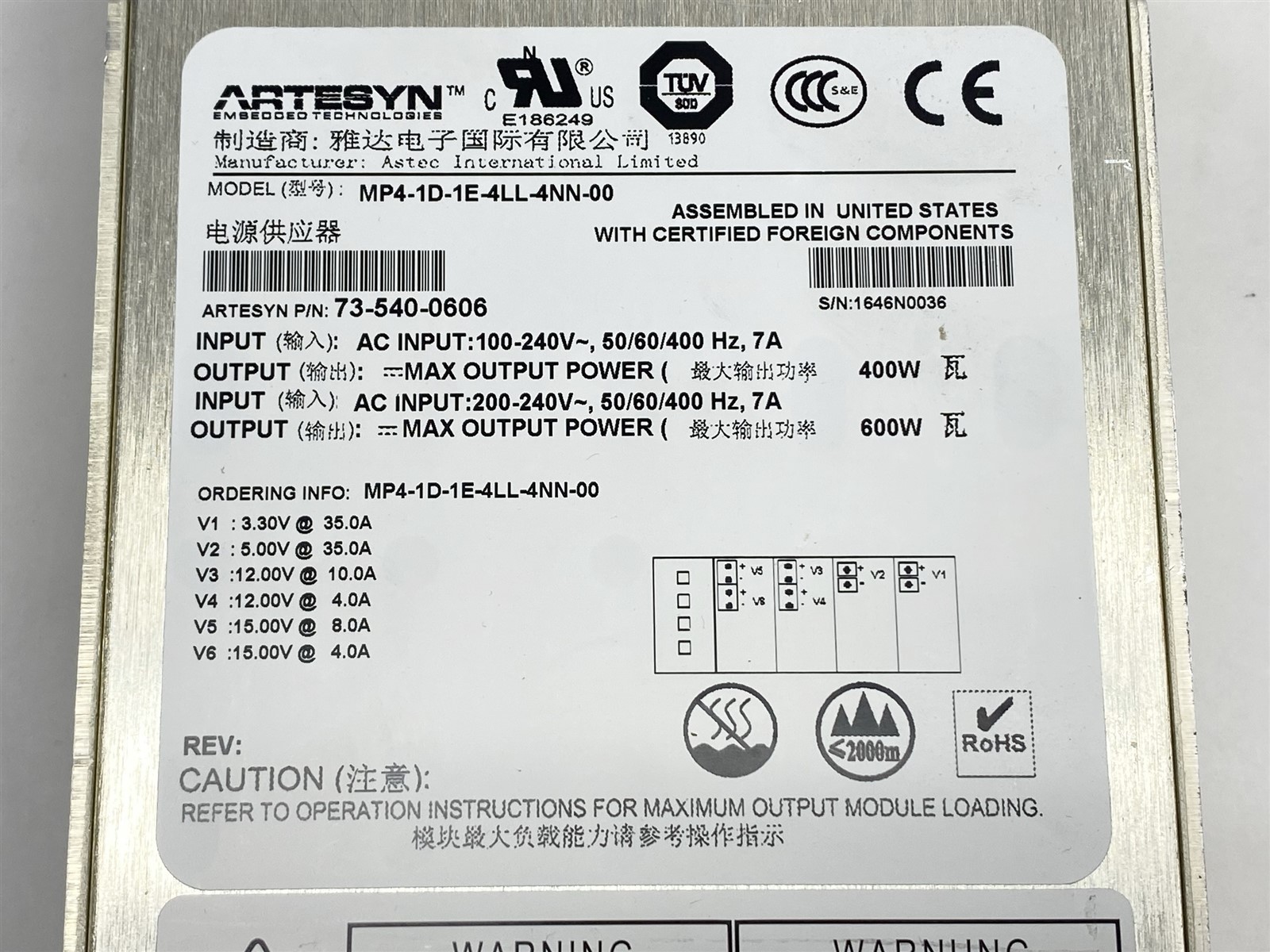ASTEC MVP Series MP4-1D-1E-4LL-4NN-00 Power Supply w/ BD LSR II Wiring Harness
