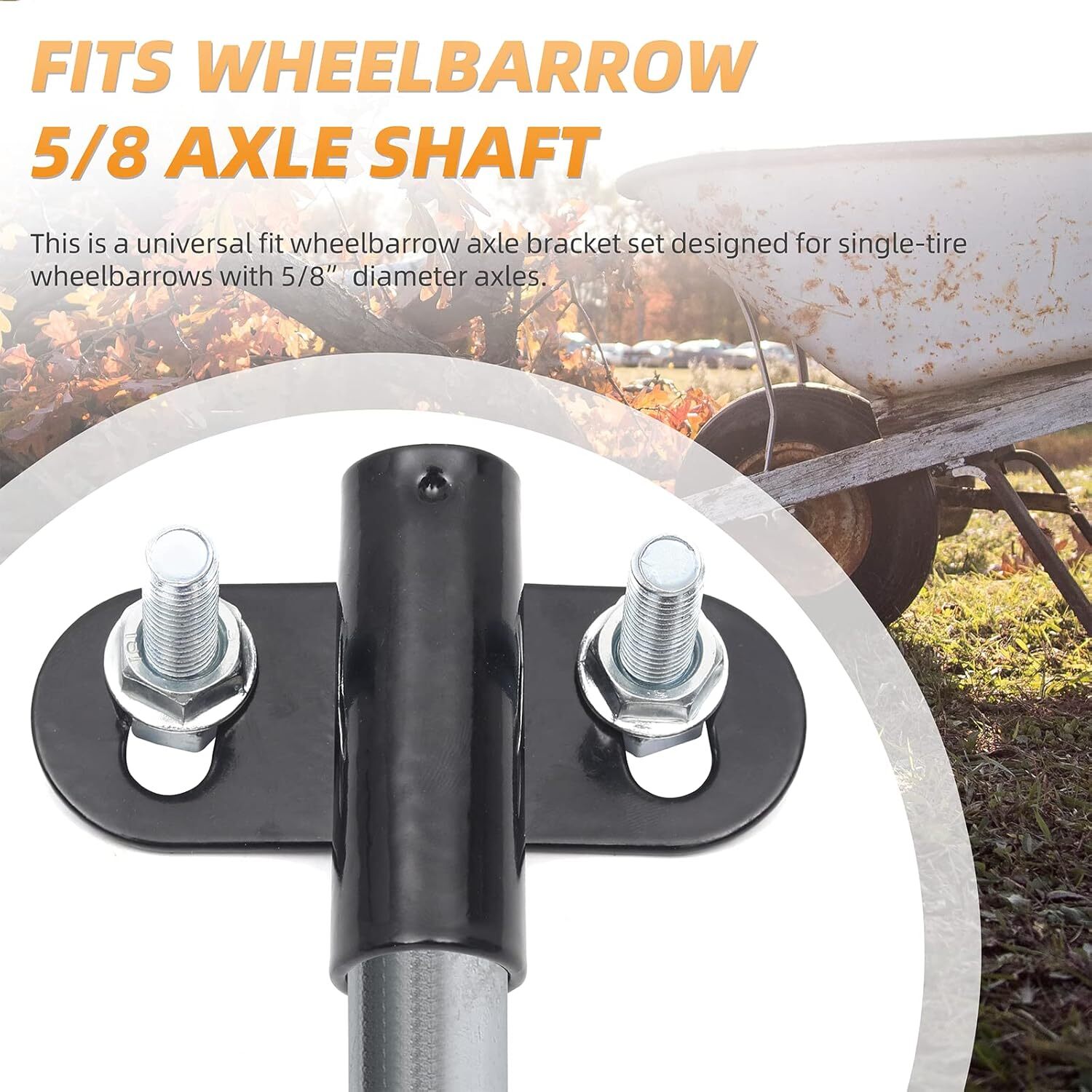(1 Set) Heavy-Duty Wheelbarrow Axle 10 x 0.63” Axle+Brackets, Black,Silver