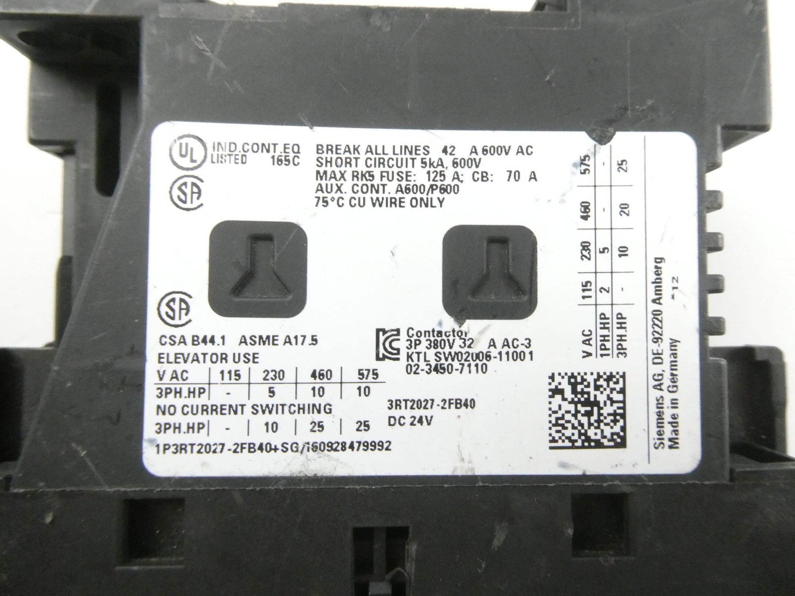 SIEMENS 3RT2027-2FB40 SIRIUS (24VDC) POWER CONTACTOR *E03*
