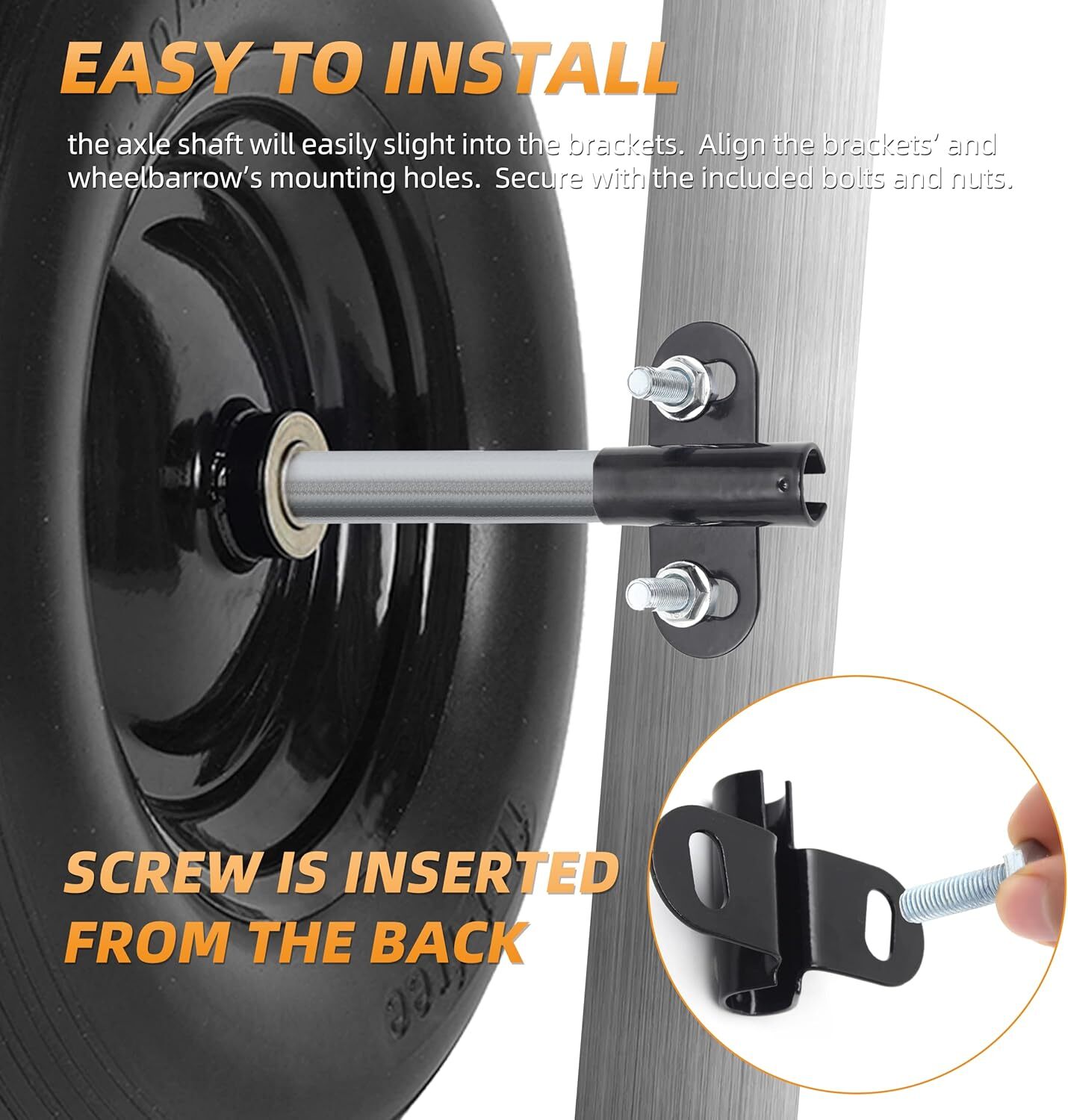 (1 Set) Heavy-Duty Wheelbarrow Axle 10 x 0.63” Axle+Brackets, Black,Silver