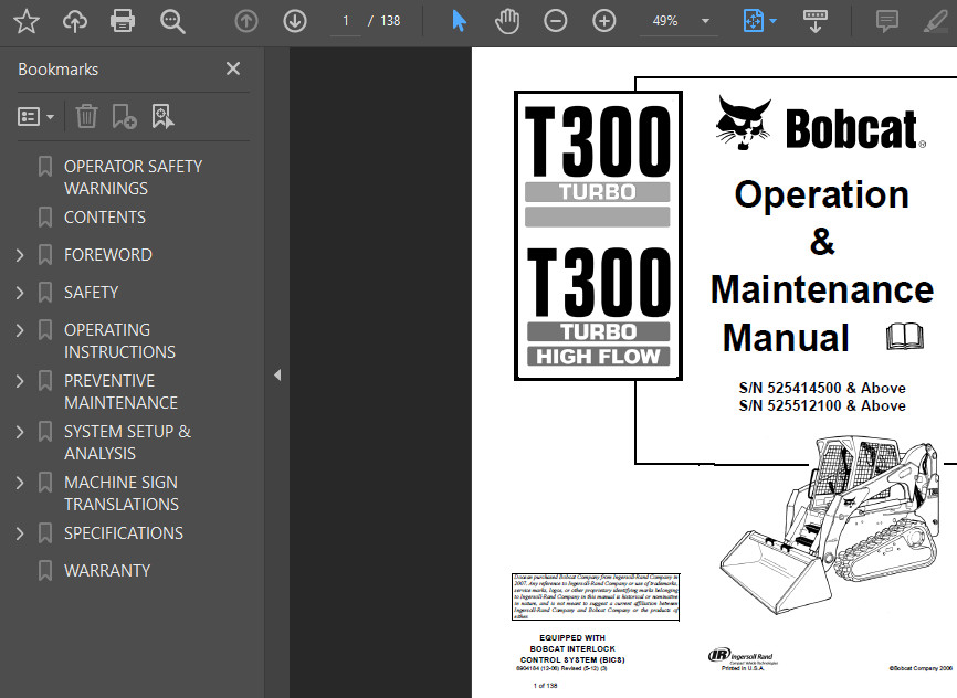 BOBCAT T300 COMPACT TRACK LOADER OPERATORS SERVICE REPAIR SHOP MANUAL PDF USB