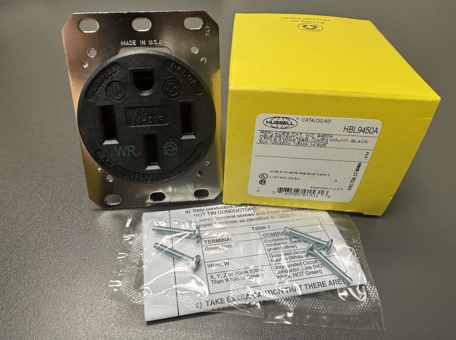 New HBL9450A Hubbell Receptacle 50A 125/250V NEMA 14-50R Marked For EV Charging