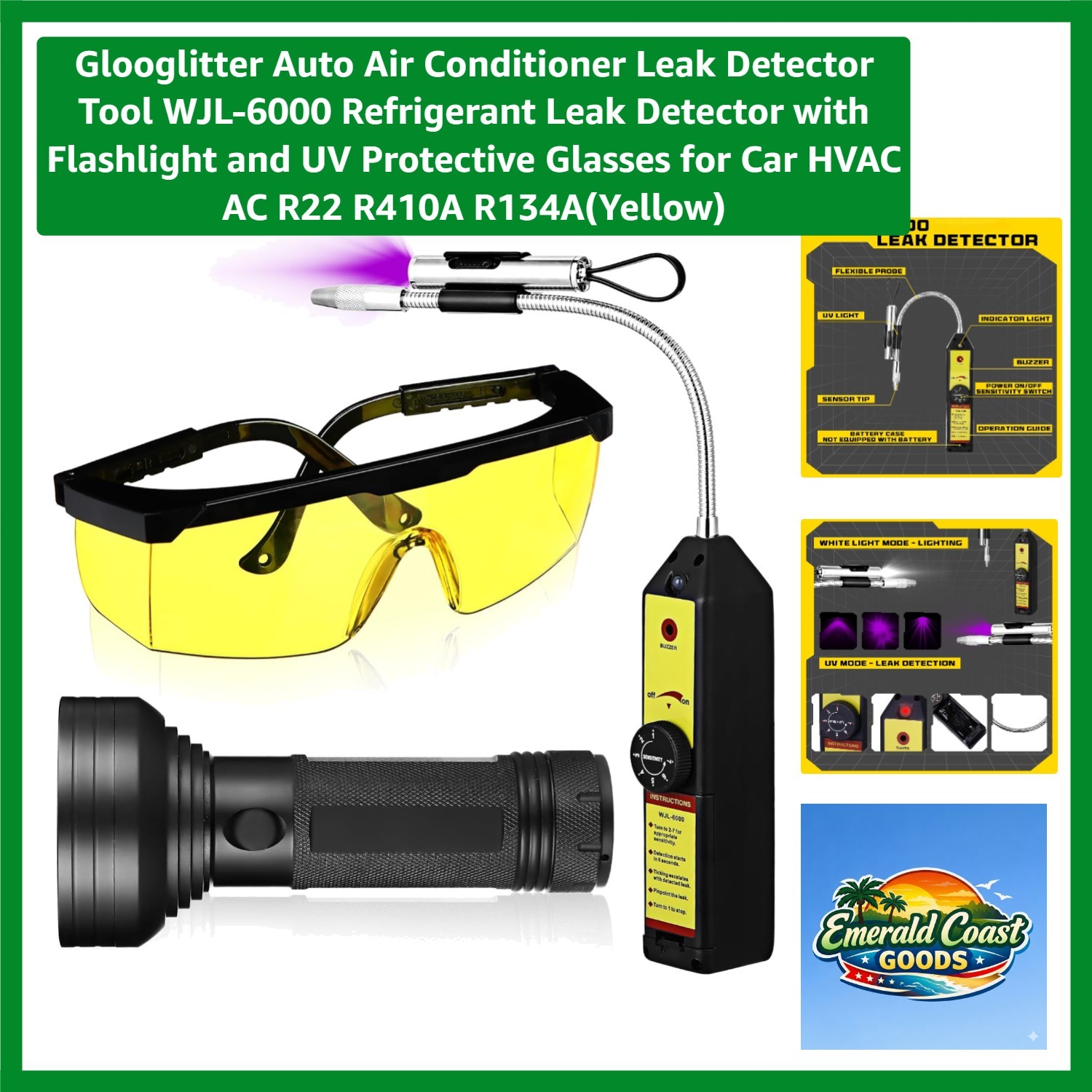 Rugged Refrigerant Leak Detection Tool with Adjustable Probe & UV Safety Glasses
