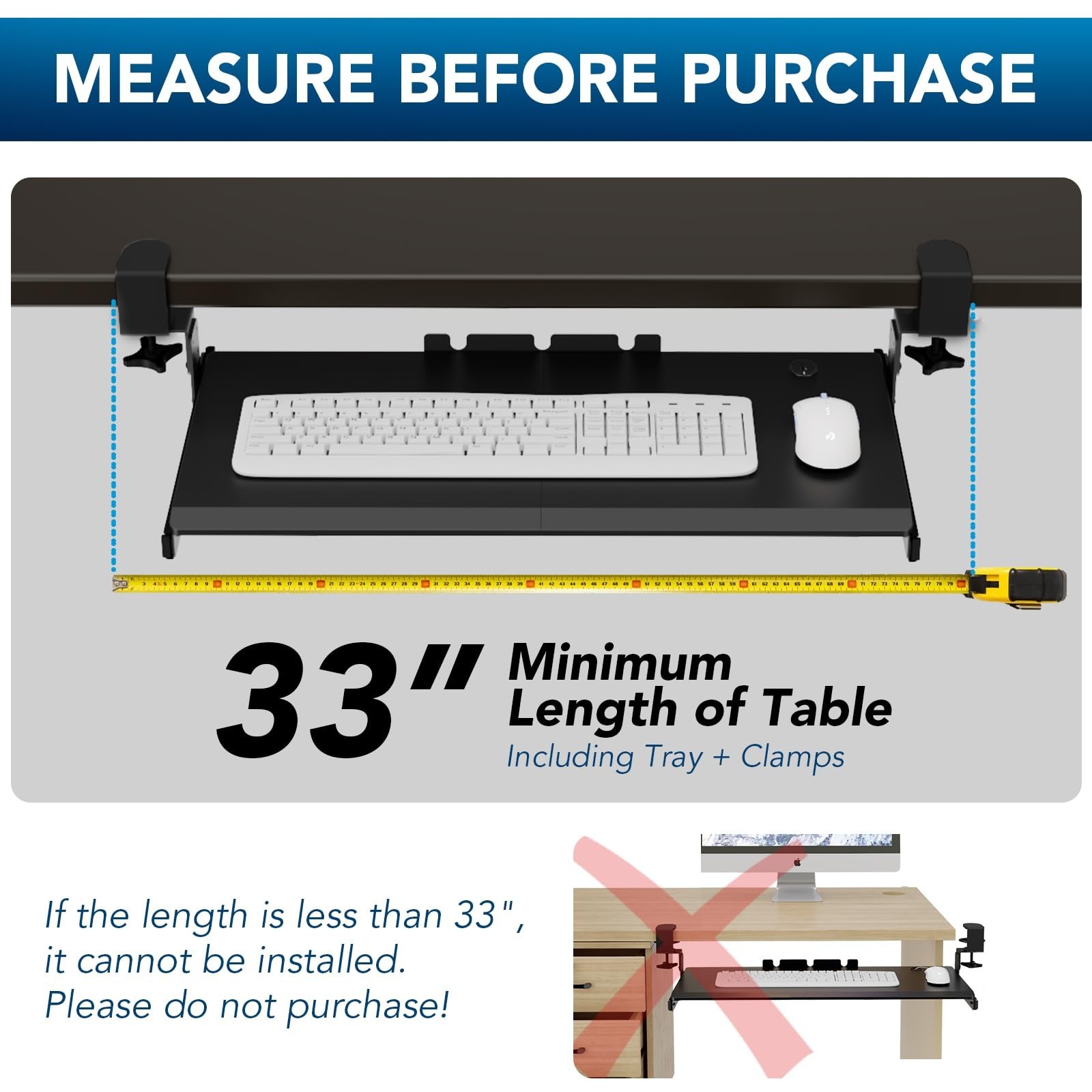 Adjustable Under Desk Keyboard Tray with C-Clamp Mount, 27.3″ x 11″ Slide-Out Dr