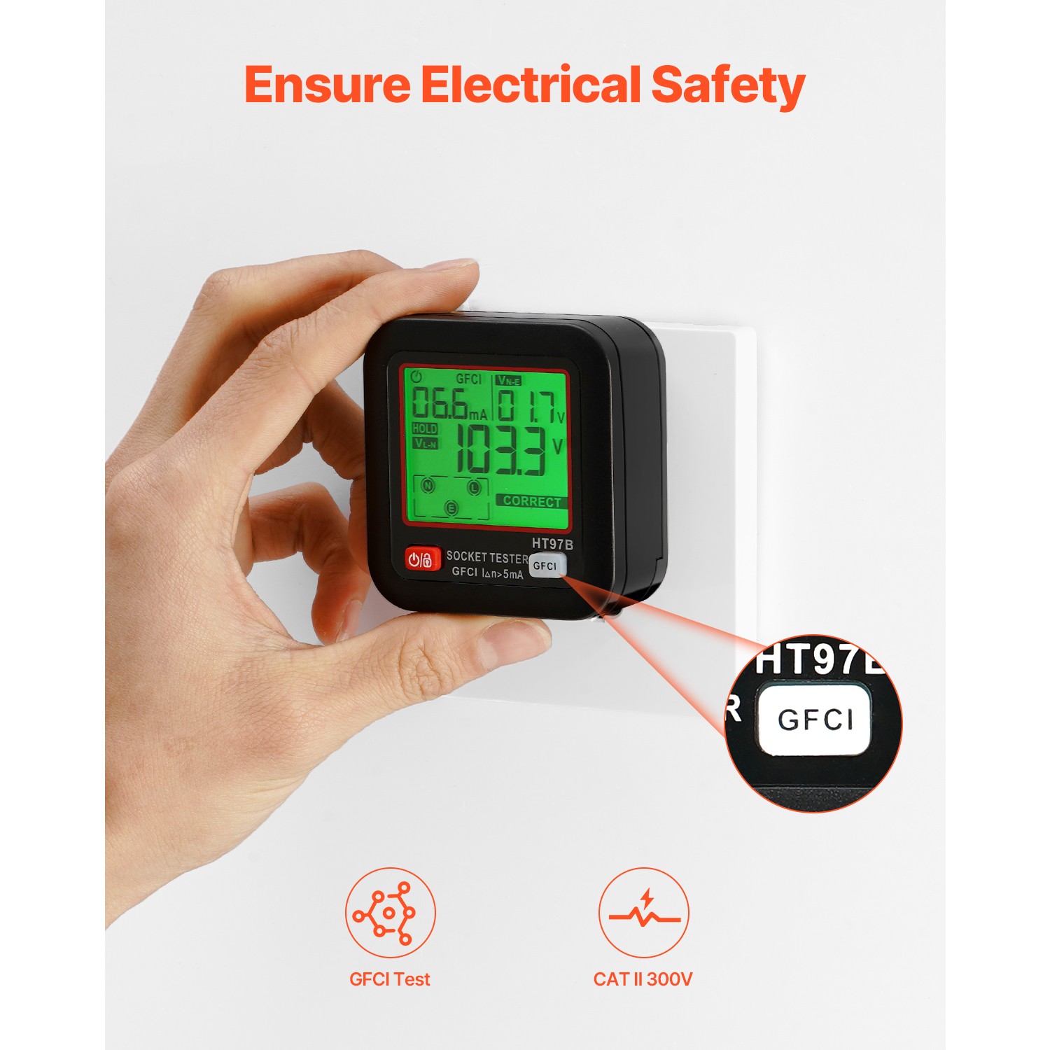 Outlet Tester Electrical GFCI Trip Tester LCD Display Receptacle Detector