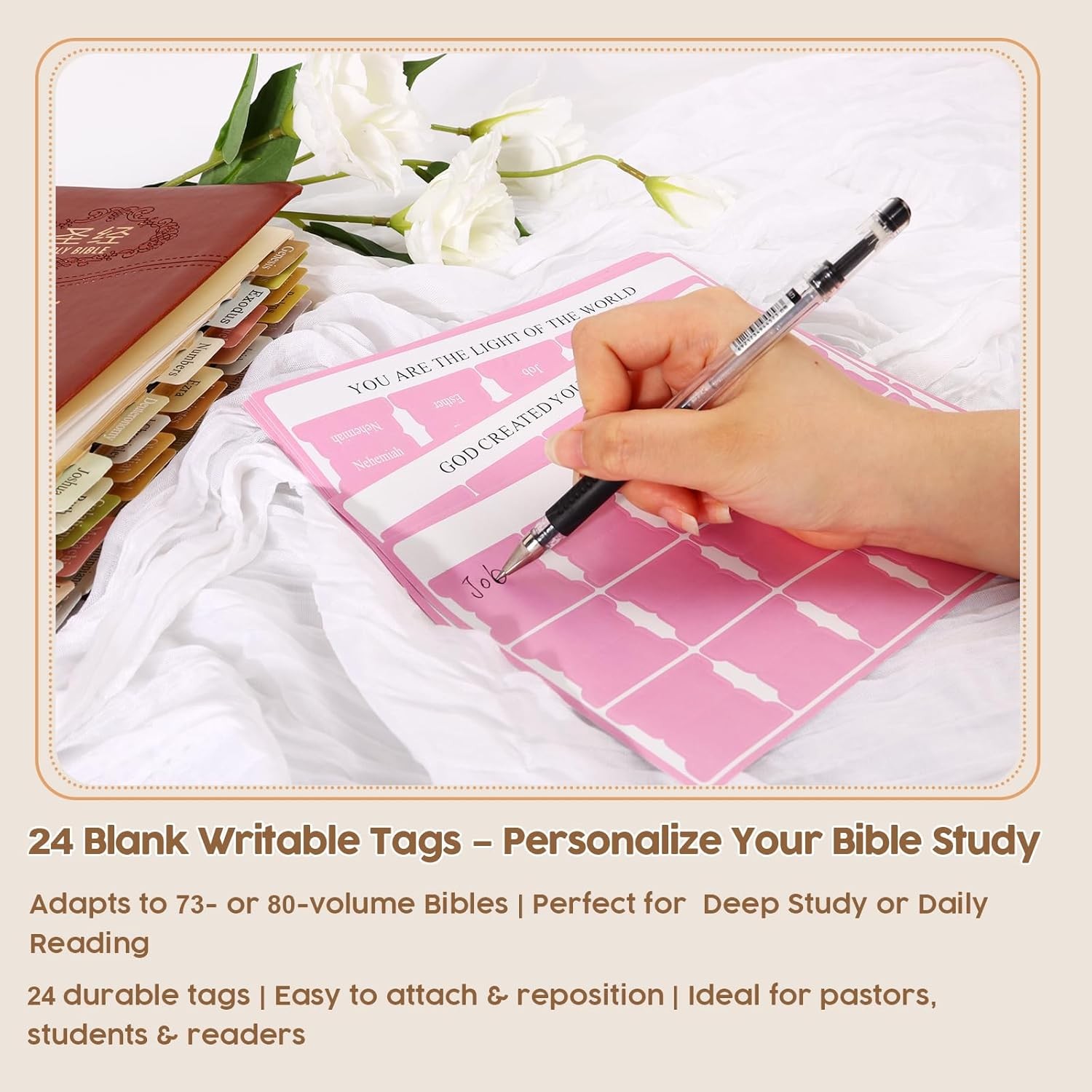 Pink Bible Tabs for Women’s Bible Study – Cute Pink Index Tabs for Bible Chapter