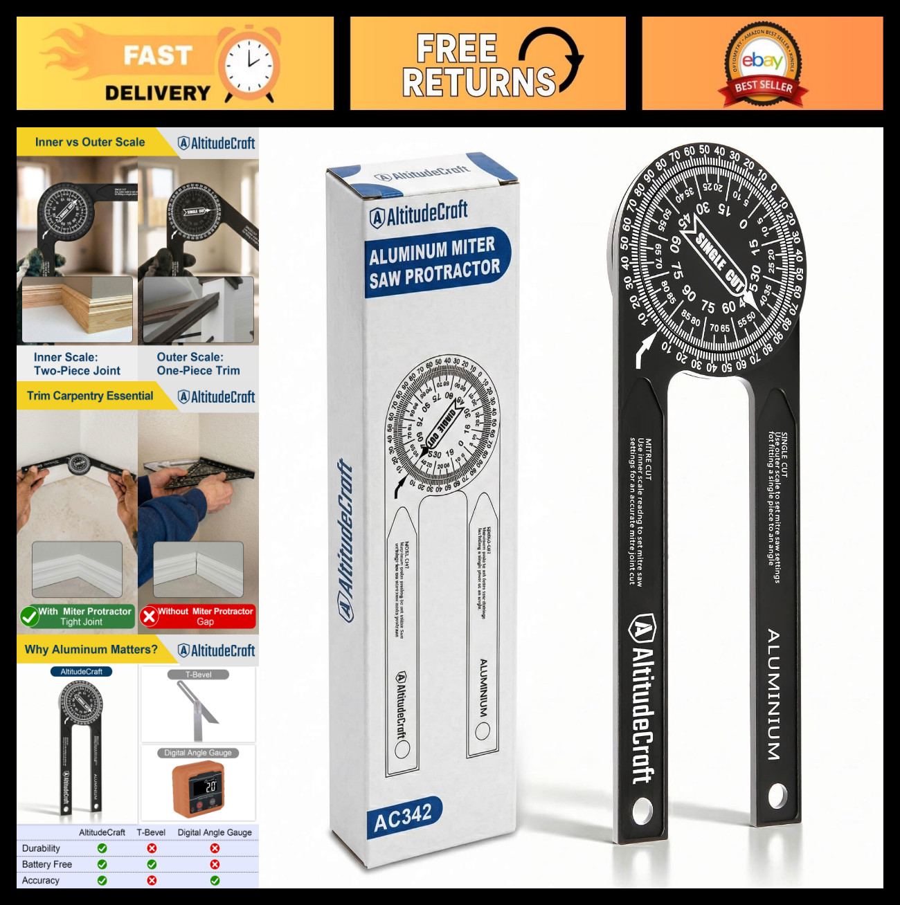 Precision Miter Saw Protractor & Crown Molding Angle Finder Tool for Accurate Cu