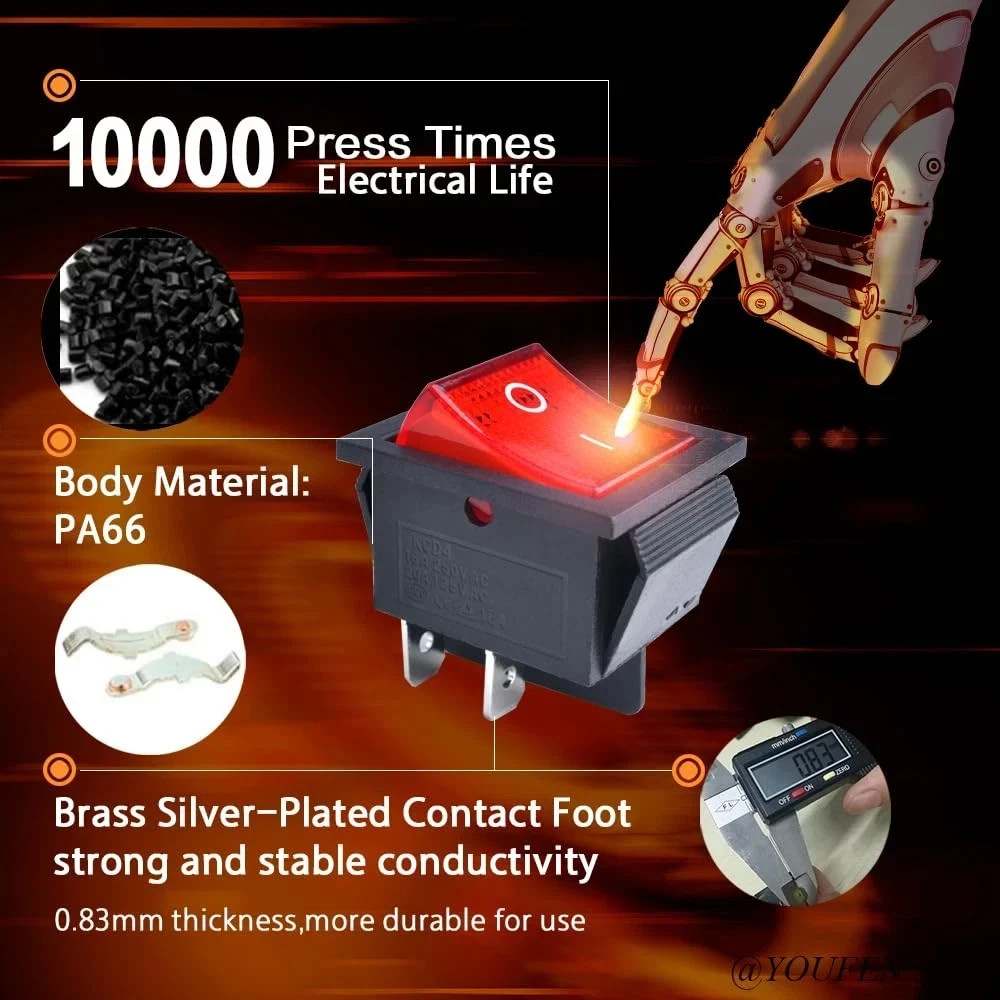2 Pcs Rocker Switch DPST 4 Pins 2 Position on off Red LED Light 20A 125V 16A 250