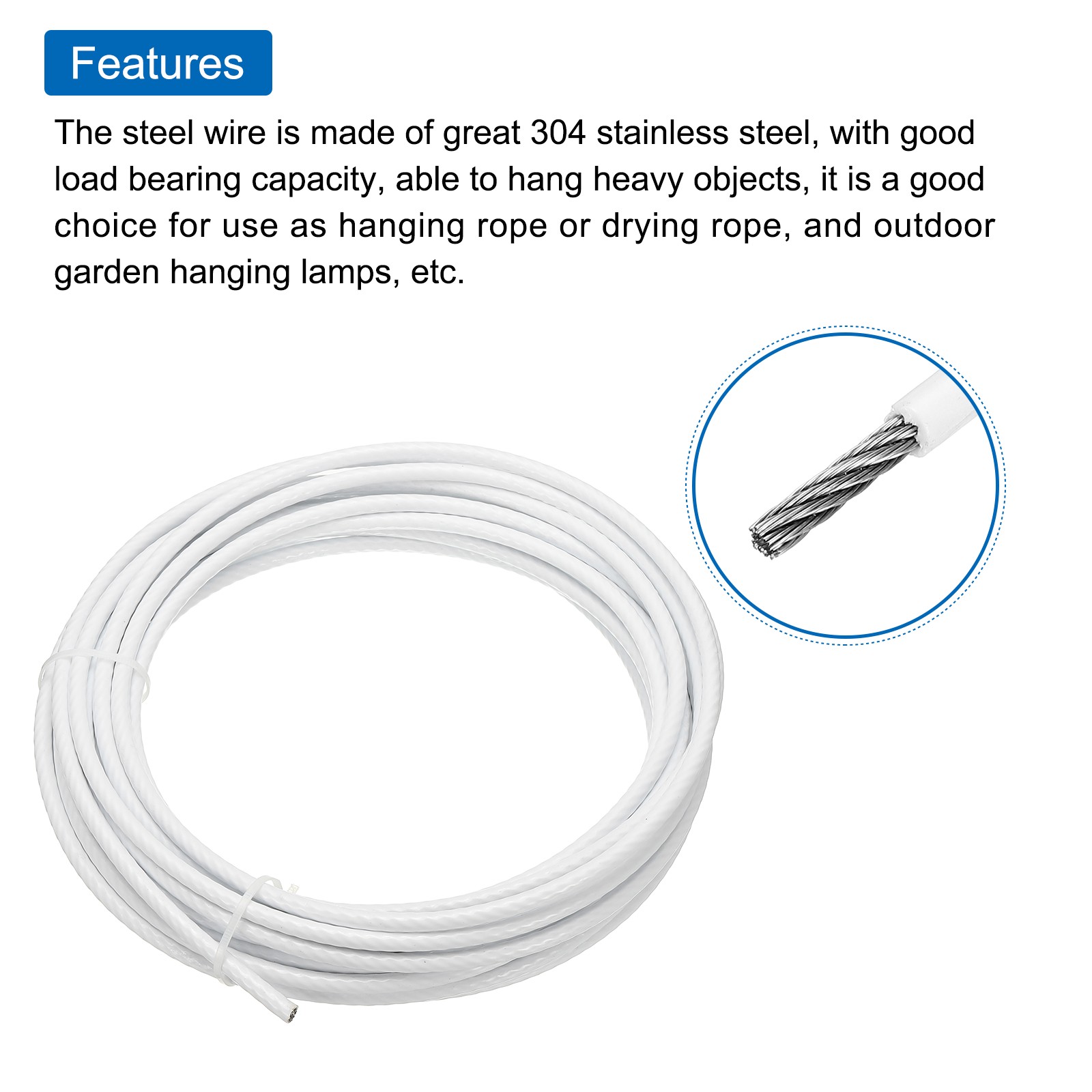 33Ft(10M) Wire Rope Stainless Steel Cable 1/4″ 4pcs Screw Chuck & Thimble White