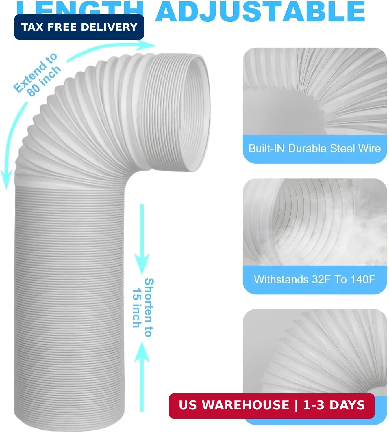 5 Inch Portable AC Air Conditioner Hose Anti-Clockwise Thread & Length up to 80″