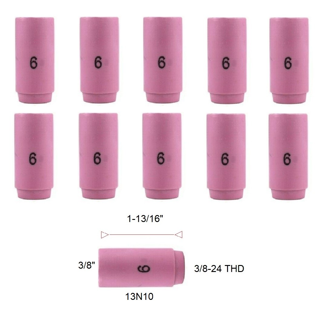 TIG Ceramic Cup 13N10 #6 Welding ALUMINA Nozzle 3/8″ Fits TIG 9, 20, 25 Qty 10