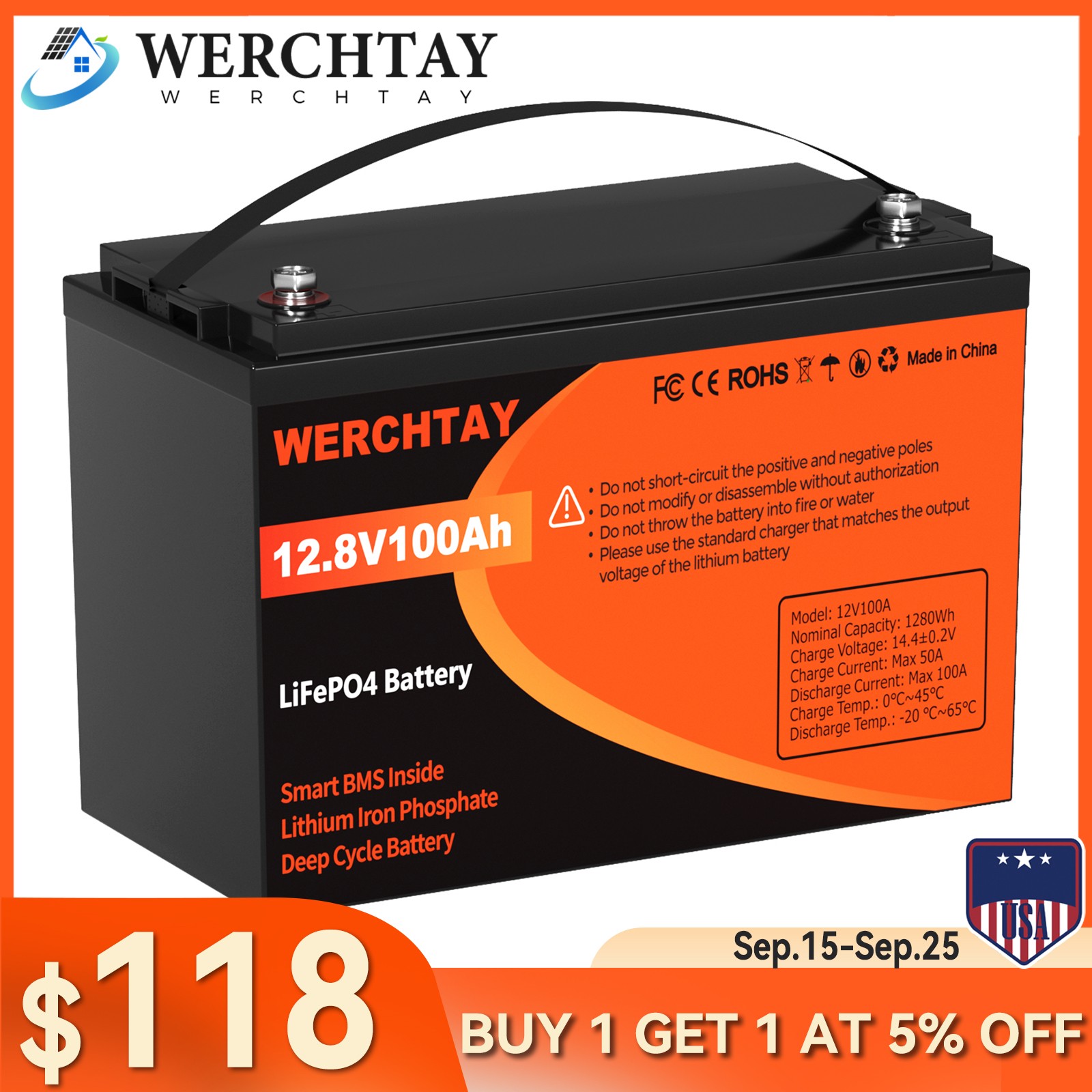100Ah LiFePO4 Lithium Battery 12V BMS Deep Cycle for RV Marine Solar Off-grid