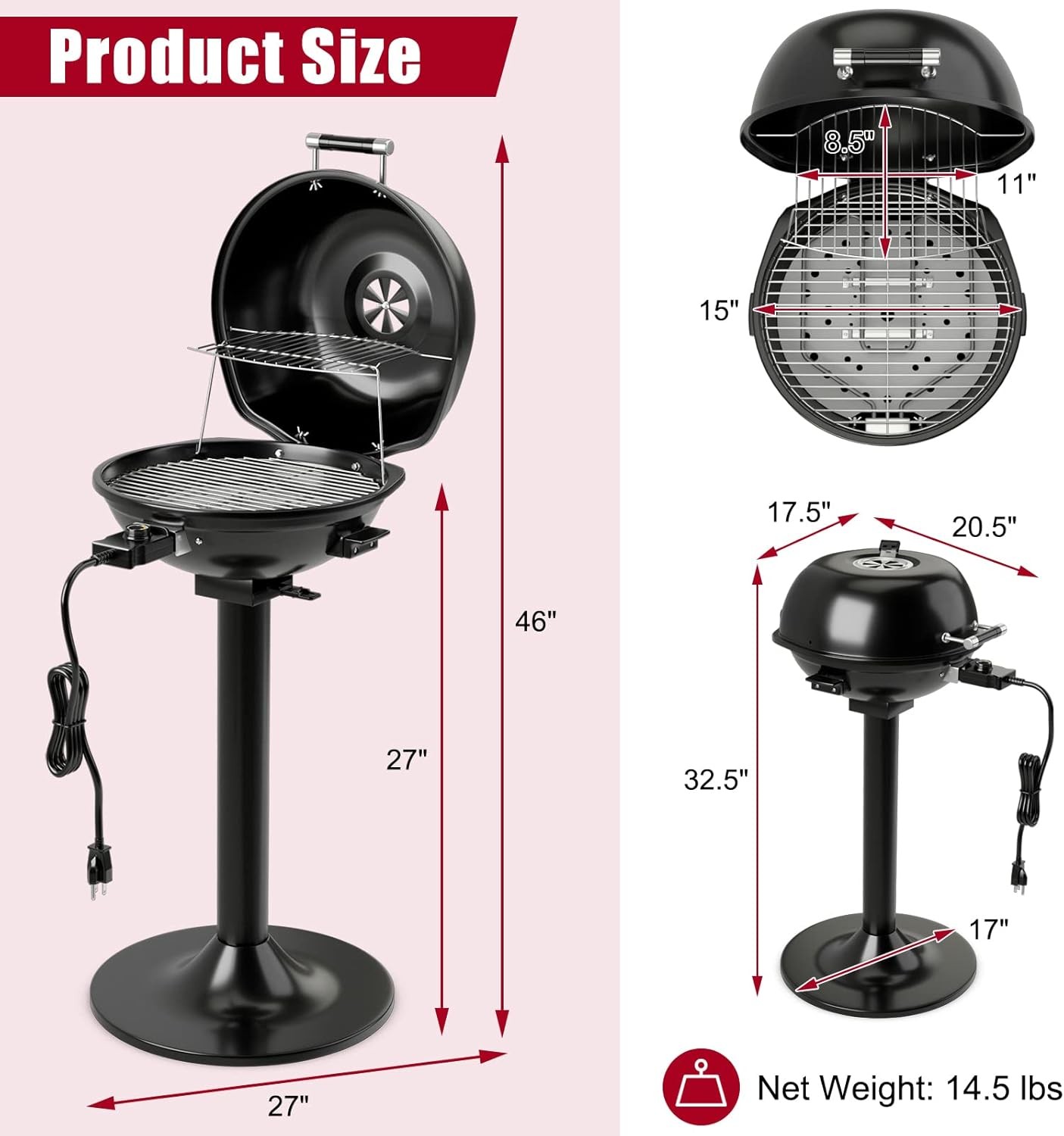 Outdoor Electric Grill 1600W,Stand BBQ Grill w/Warming Rack for 15-Serving,Adjus
