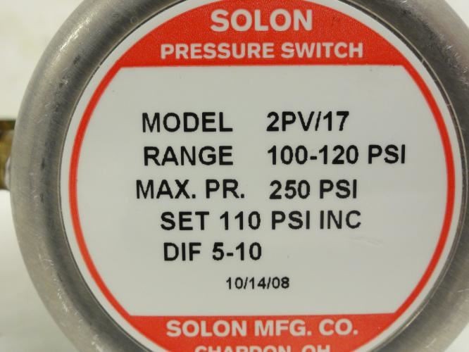 202035 Old-Stock; Solon 2PV/17 Pressure Switch; 1/4 FNPT 100-120Psi; 250 Max