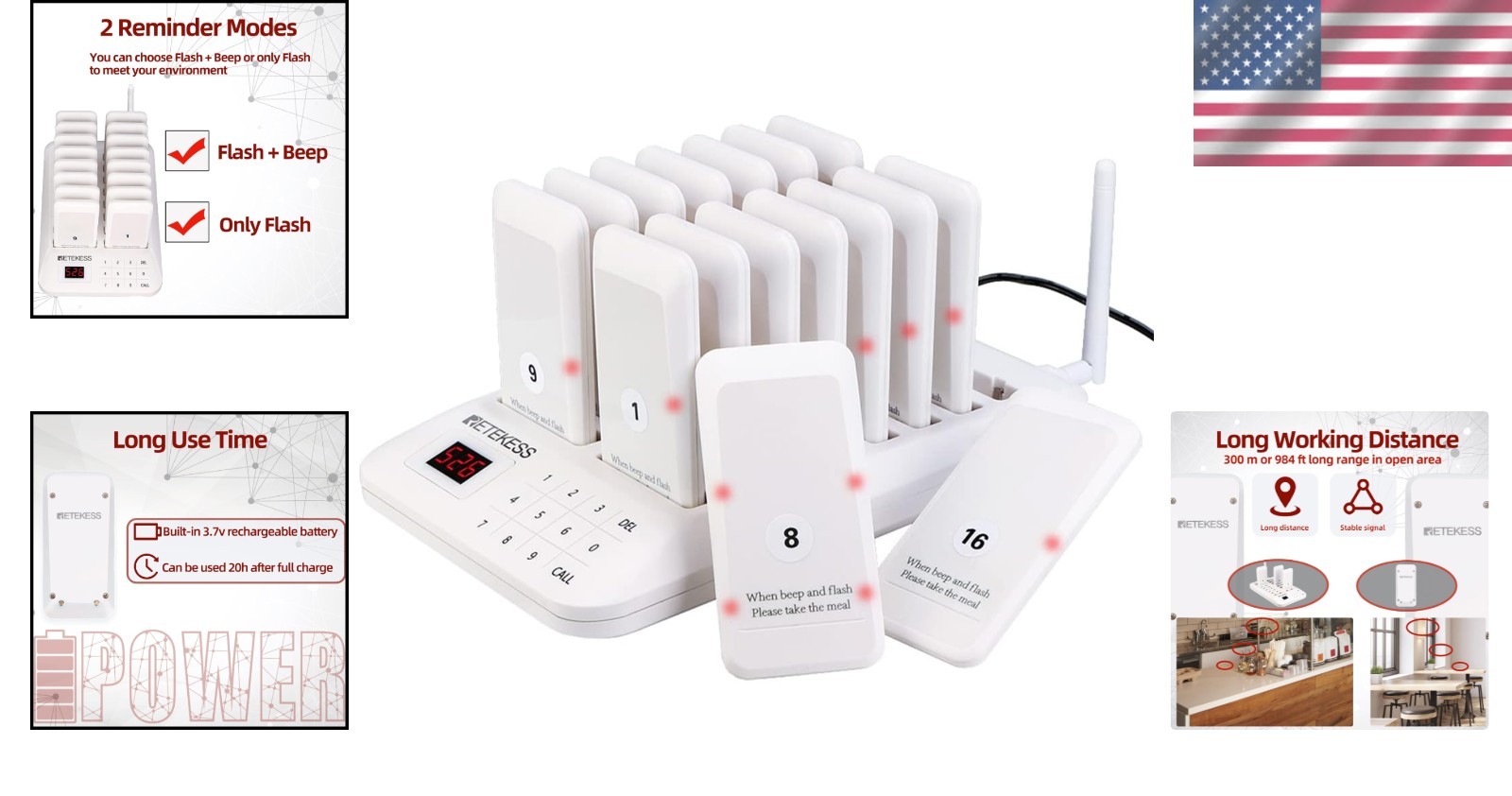 Long Range 984ft TD157 Restaurant Pager System – 16 Pagers, Adjustable Reminder