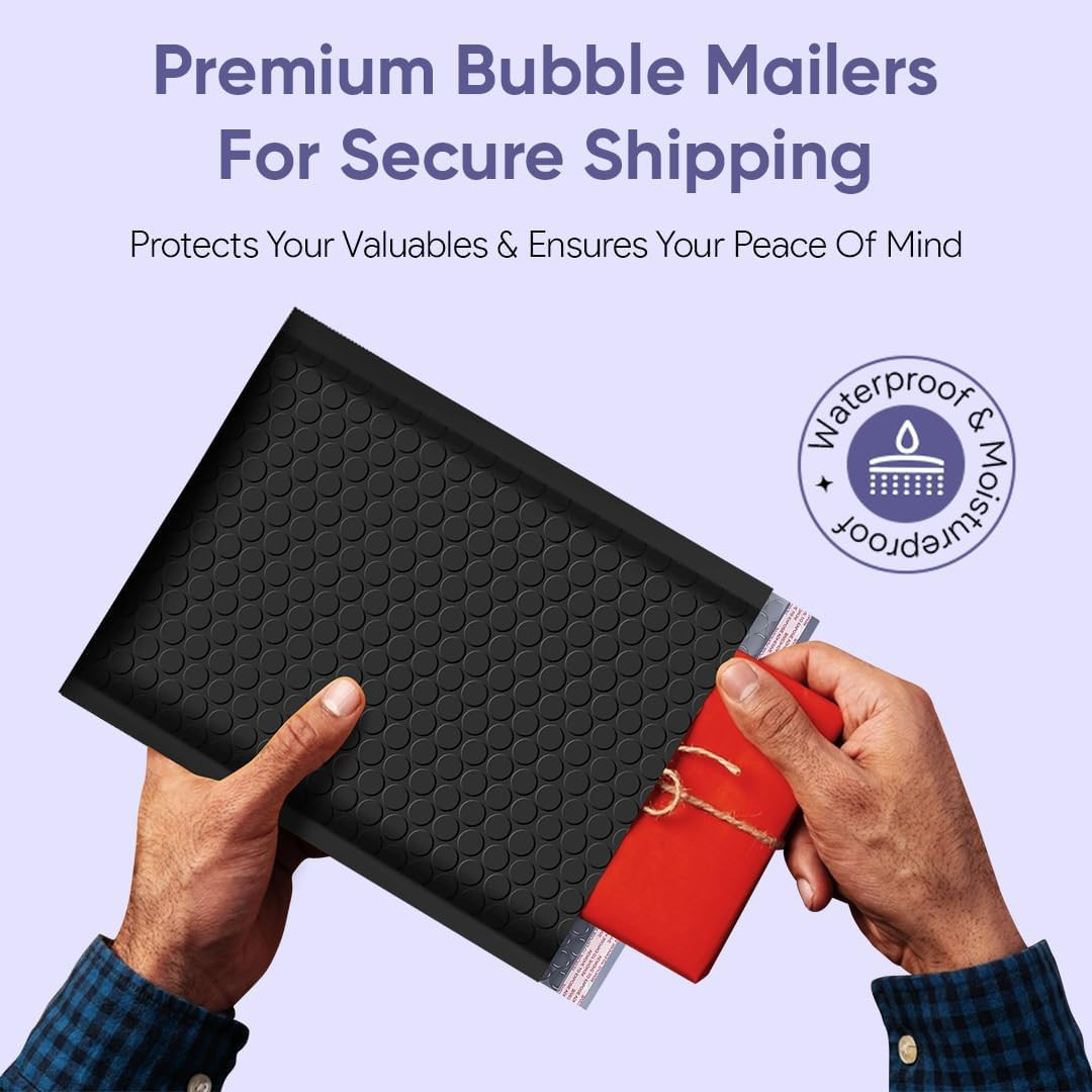 Black Bubble Mailers 9.5×14.5, Self Seal Poly Padded Envelopes #4, 100 Pack | Fi