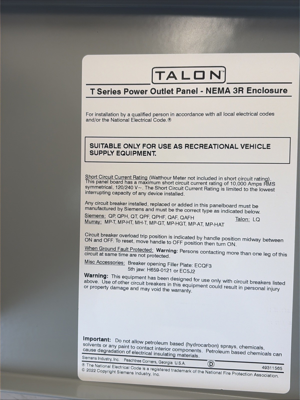 Talon 125 Amp Temporary Power Outlet Panel 2 20A Duplex Receptacles Unmetered